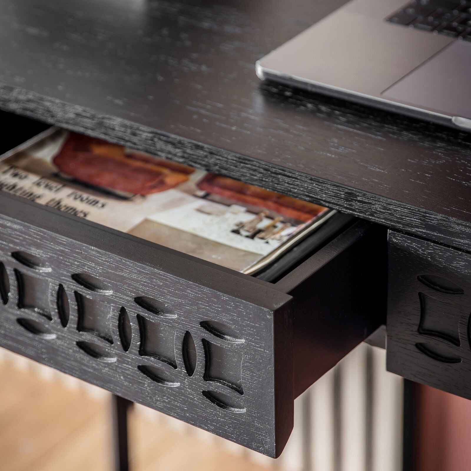 Laylah charcoal black 2 drawer desk with blind fret work | malletandplane.com