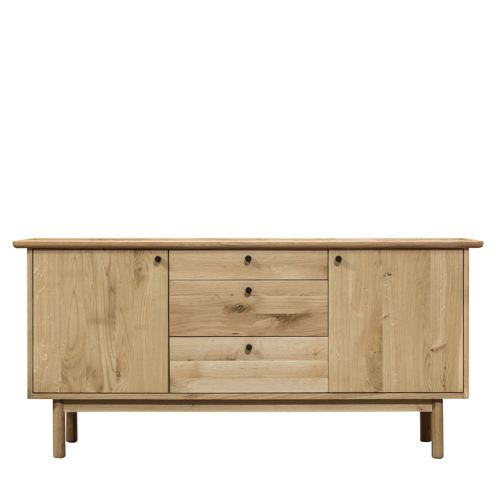 Alfie oak sideboard with 3 drawers and 2 cupboards and a choice of black or natural handles | malletandplane.com