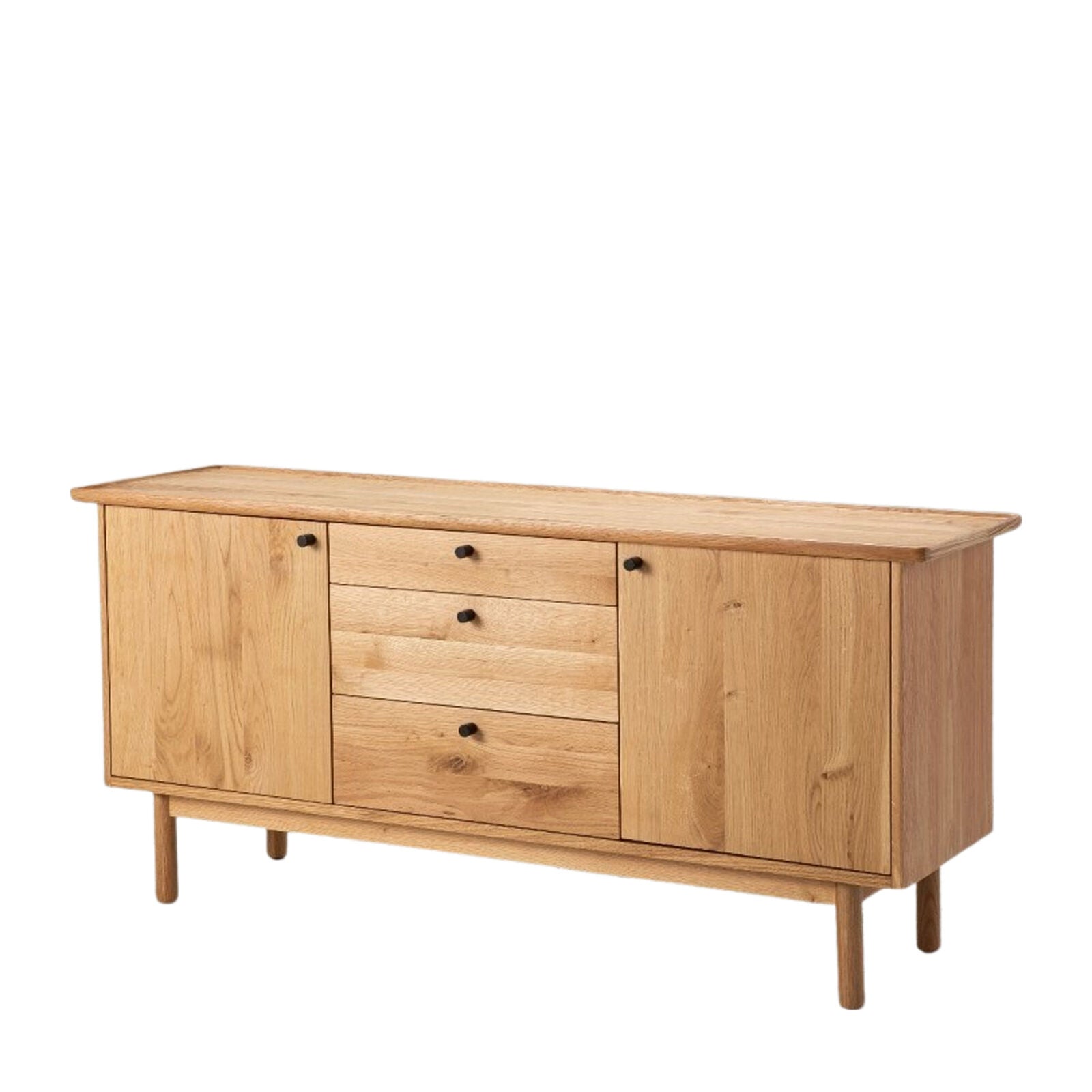 Alfie oak sideboard with 3 drawers and 2 cupboards and a choice of black or natural handles | malletandplane.com