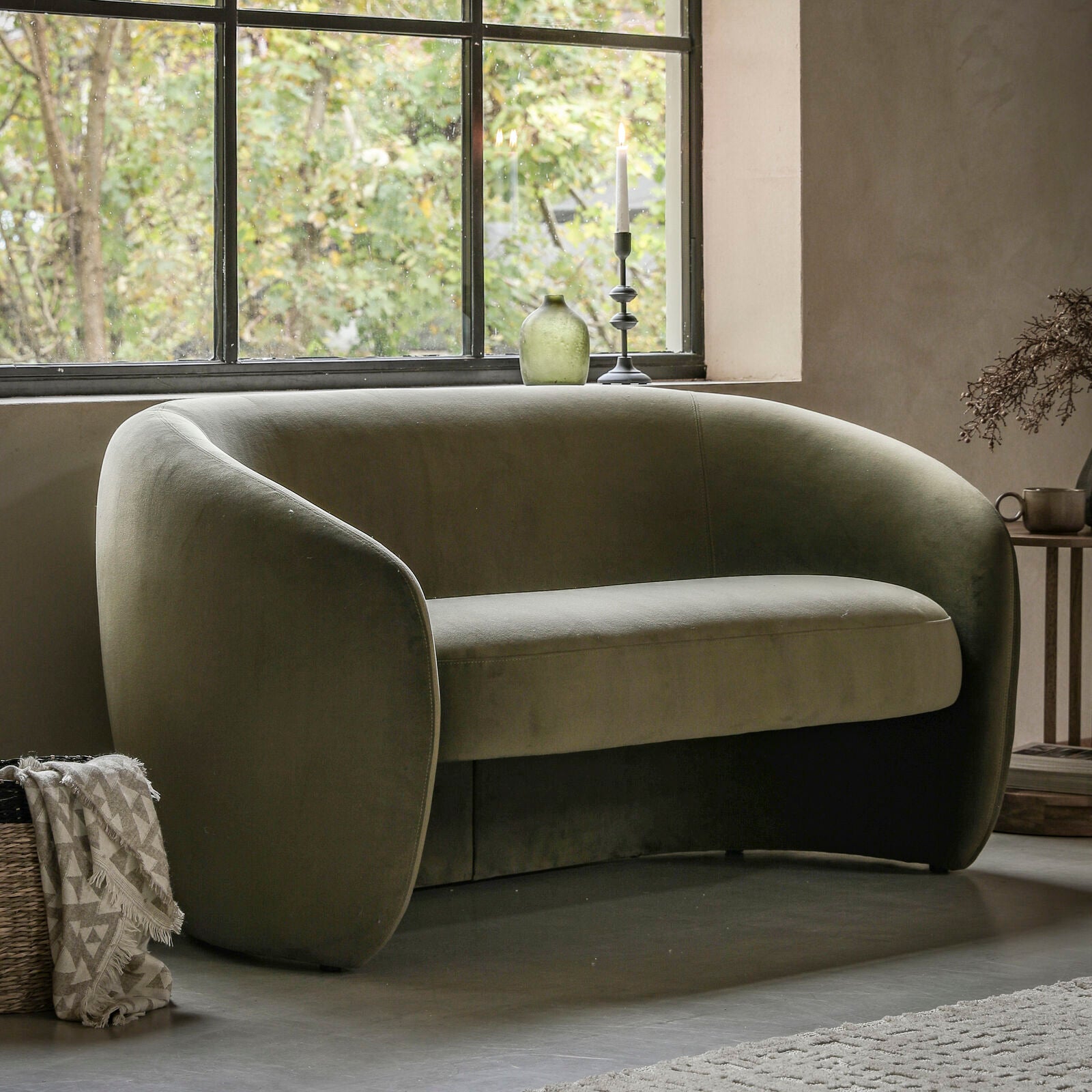 Sofia curved retro style sofa in cream, moss green, or espresso grey fabric | malletandplane.com