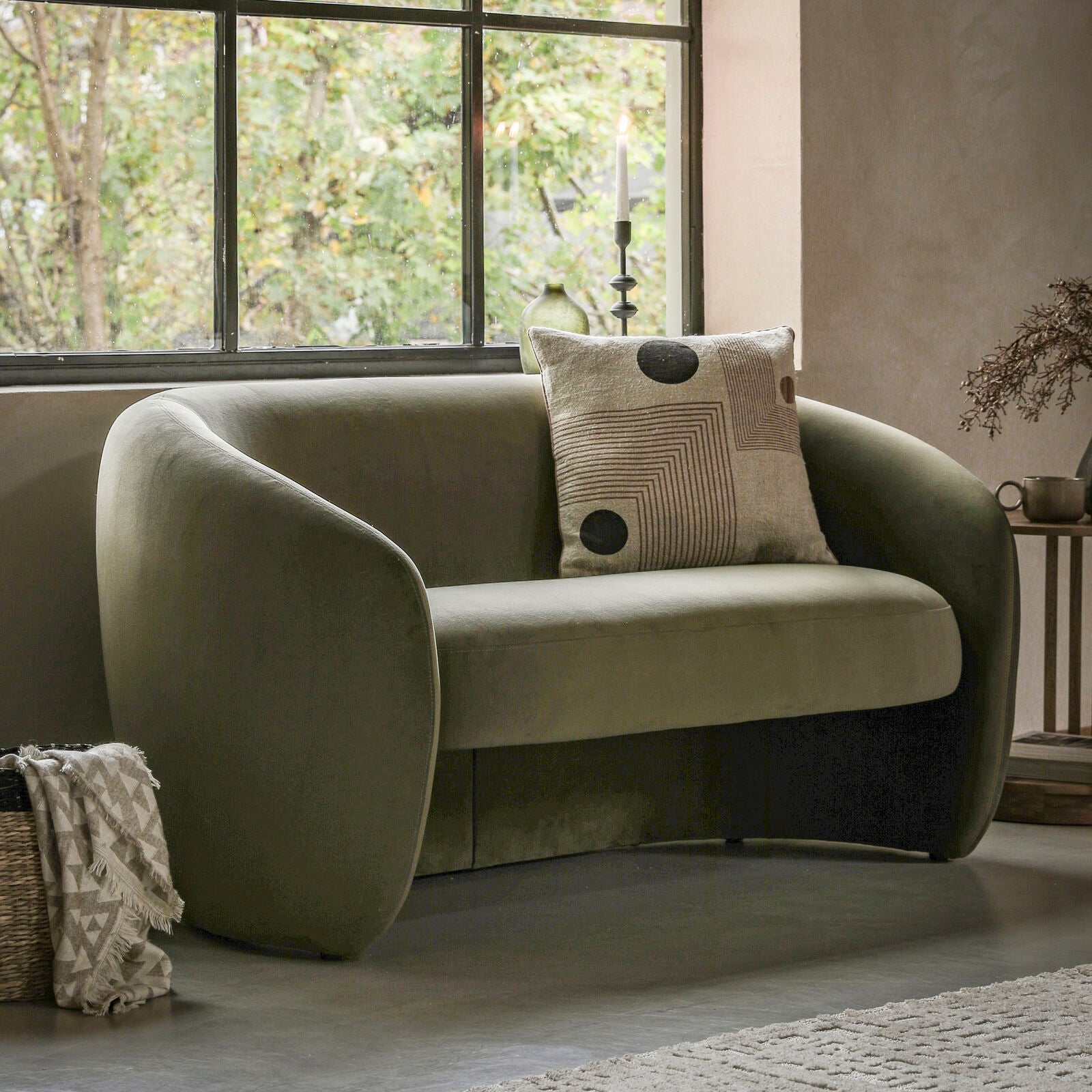 Sofia curved retro style sofa in cream, moss green, or espresso grey fabric | malletandplane.com