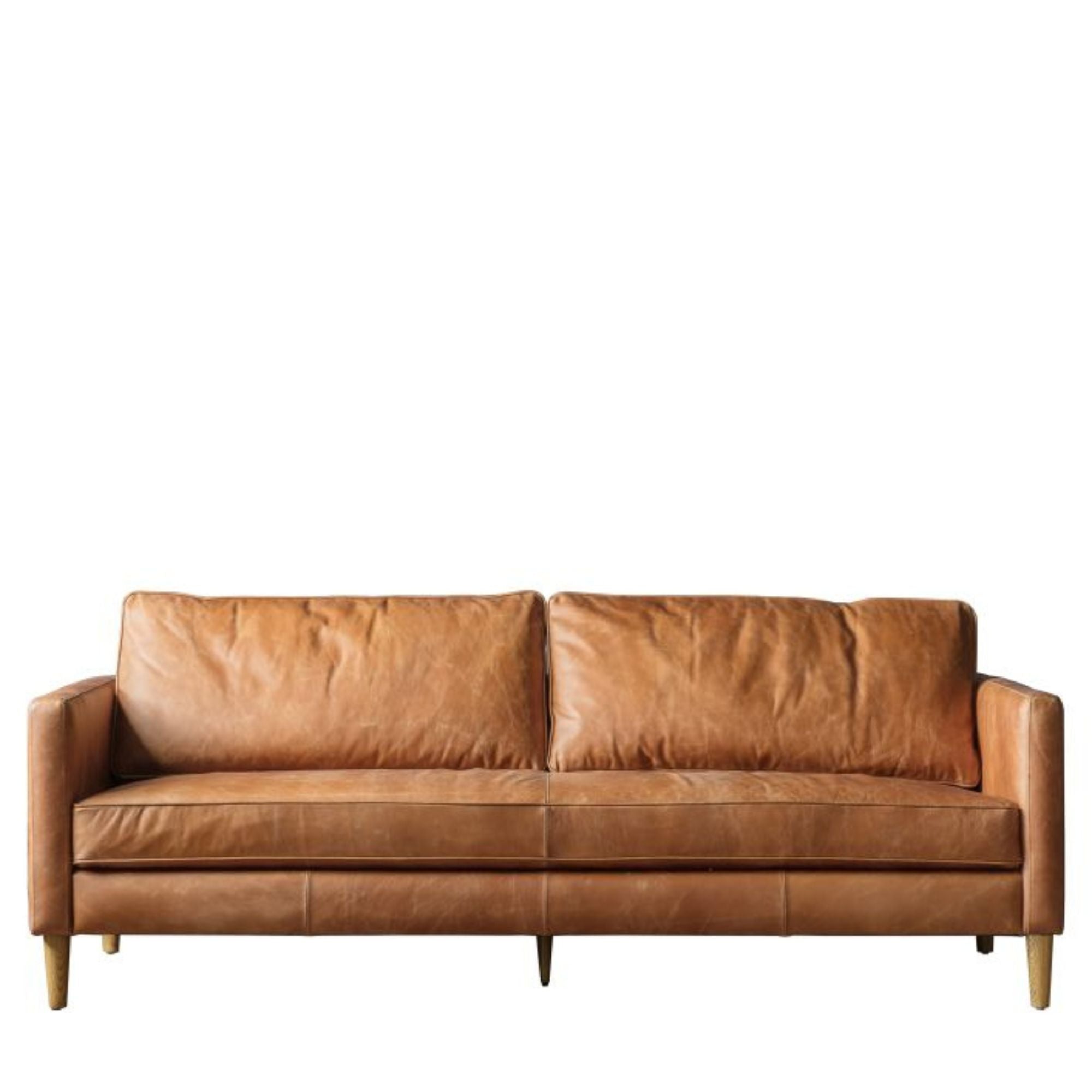 Granville 3 seat sofa in vintage brown top grain leather upholstery with ash legs | malletandplane.com