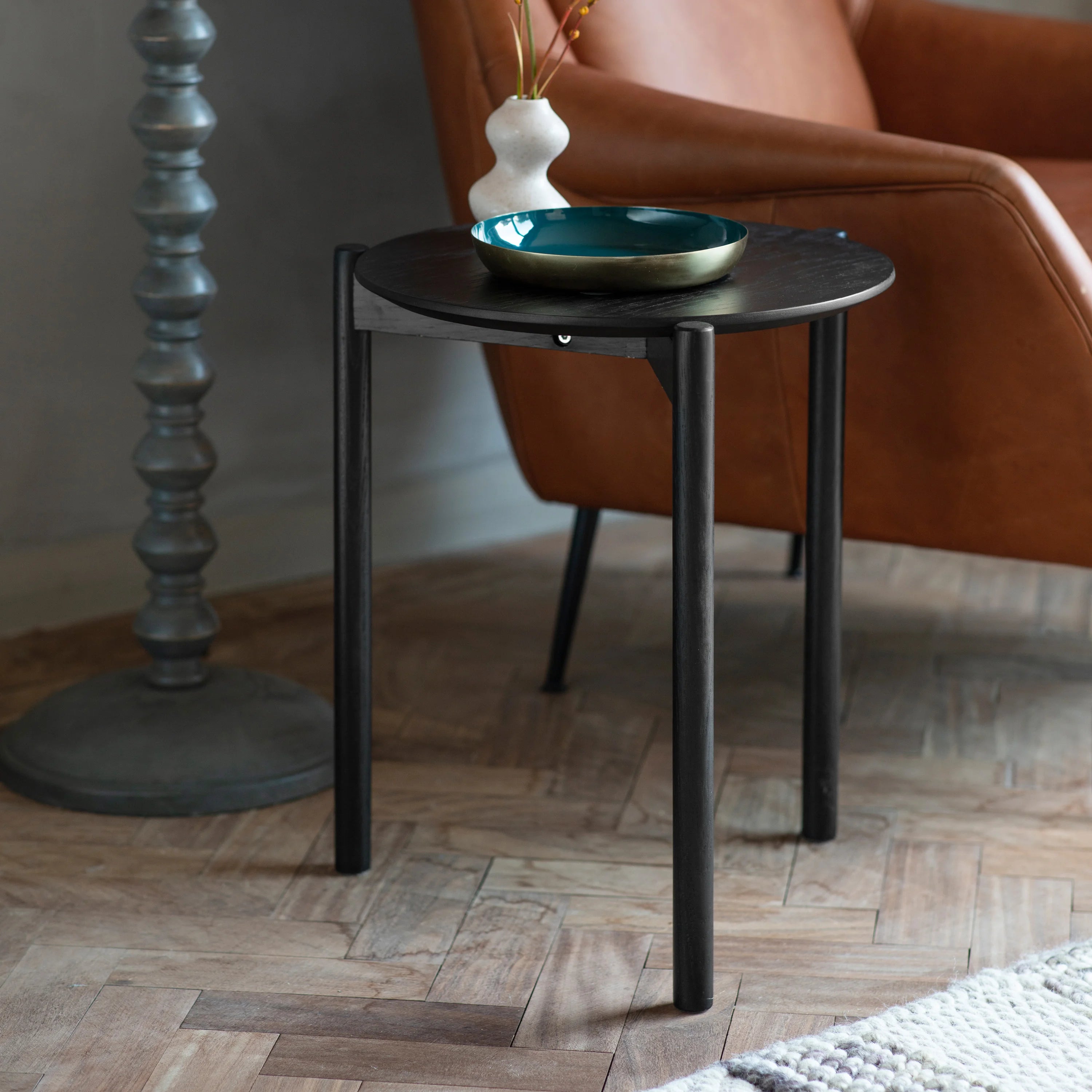 HARROW Black Bedside Table | Round Oak Bedside Table