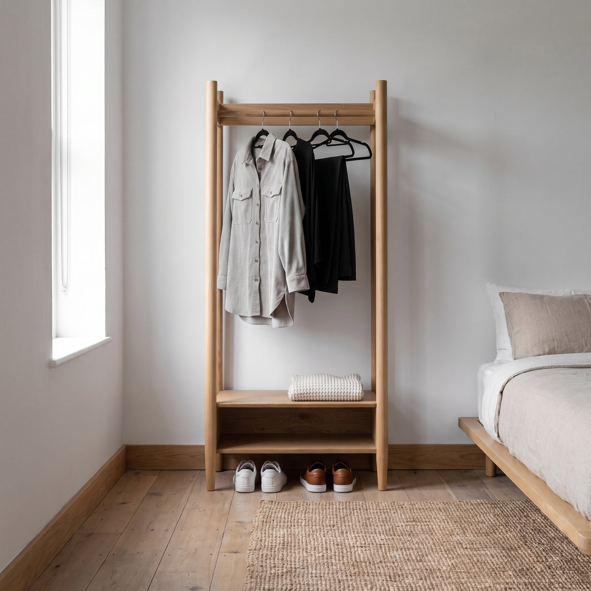 HATFIELD natural oak open wardrobe with hanging rail and lower shelf