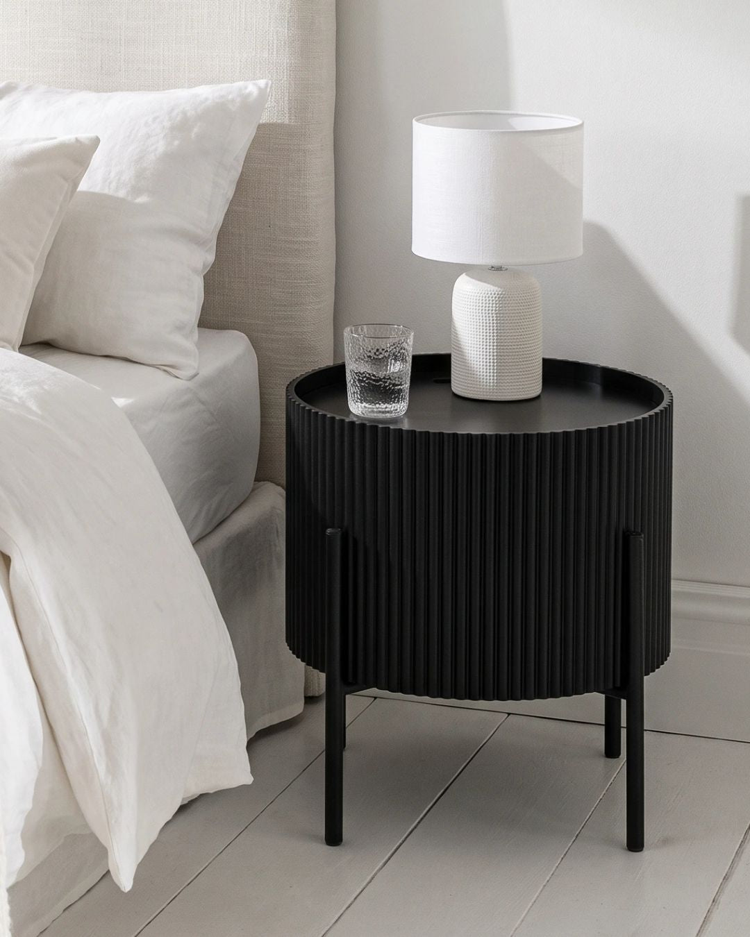 Henderson Ribbed Black Storage Side Table 42cm Diameter