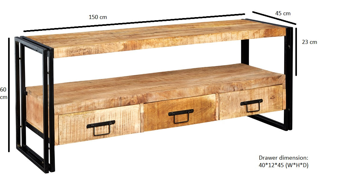 Loft large handmade solid wood TV stand in raw mango and reclaimed metal| malletandplane.com