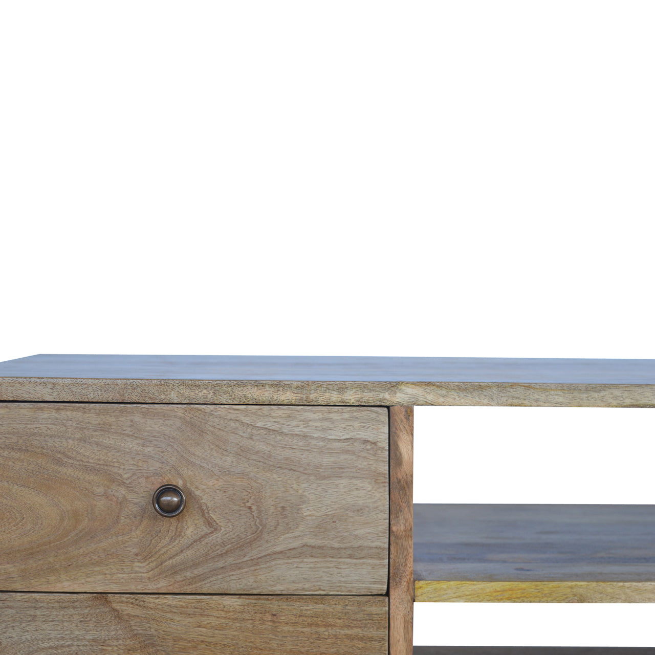 Nordic wooden TV stand with 4 drawers in rustic natural oak-ish finish | malletandplane.com