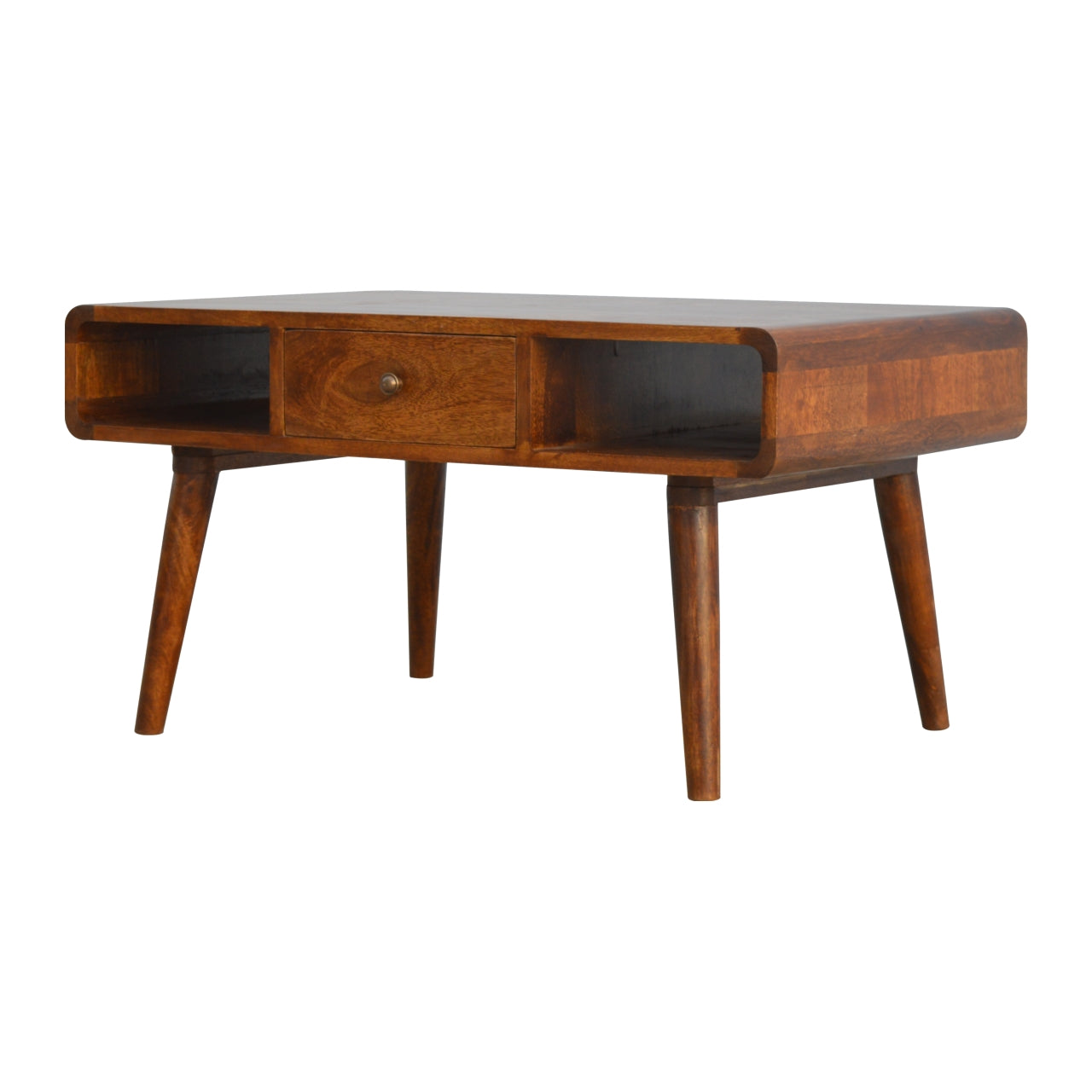 CENTURY Wood Coffee Table in deep chestnut finish with drawers and open storage slots | malletandplane.com