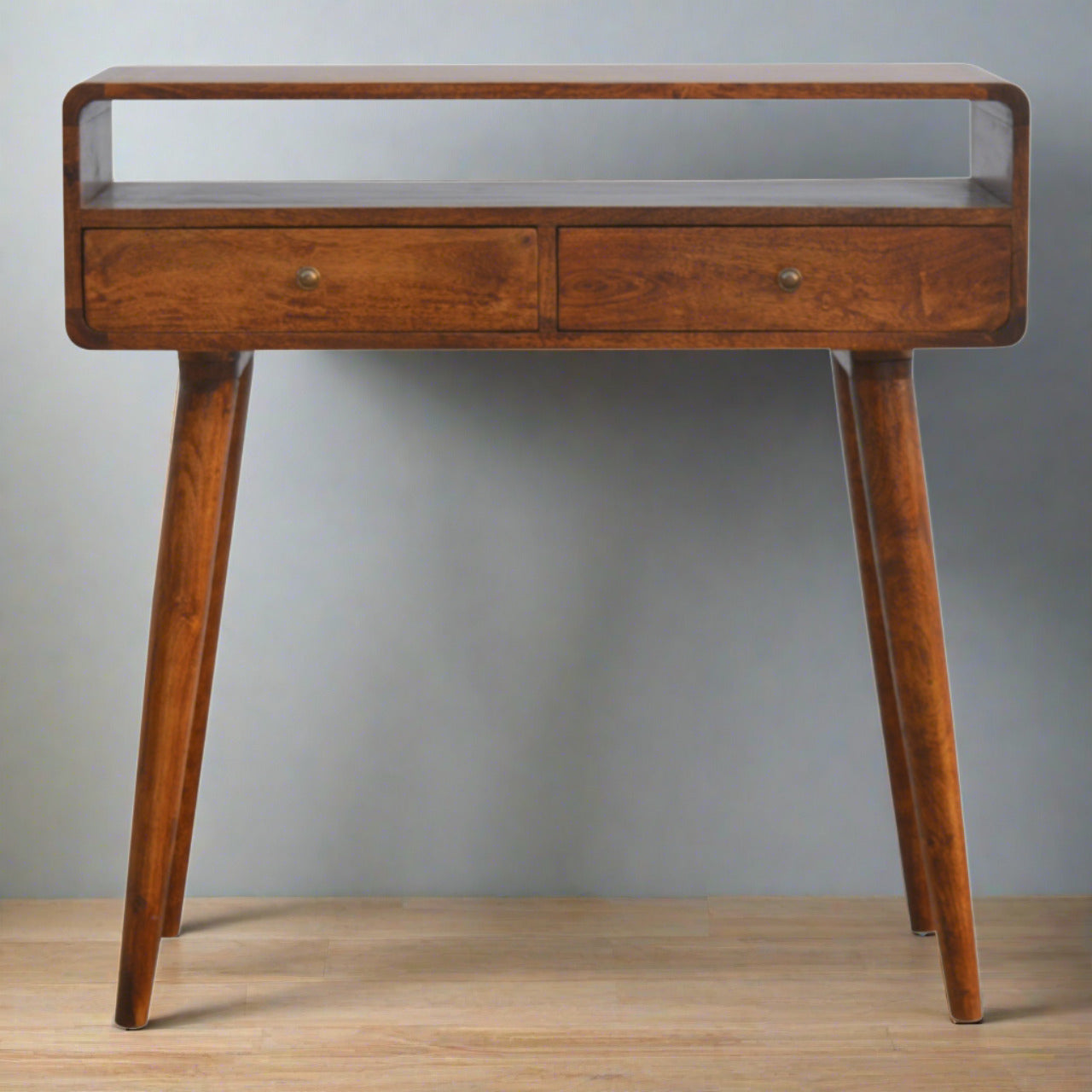 Century Handmade Solid Wood Curved Edge Slim Console Table with Drawers and an Open Storage Shelf in a Deep Chestnut Finish | malletandplane.com