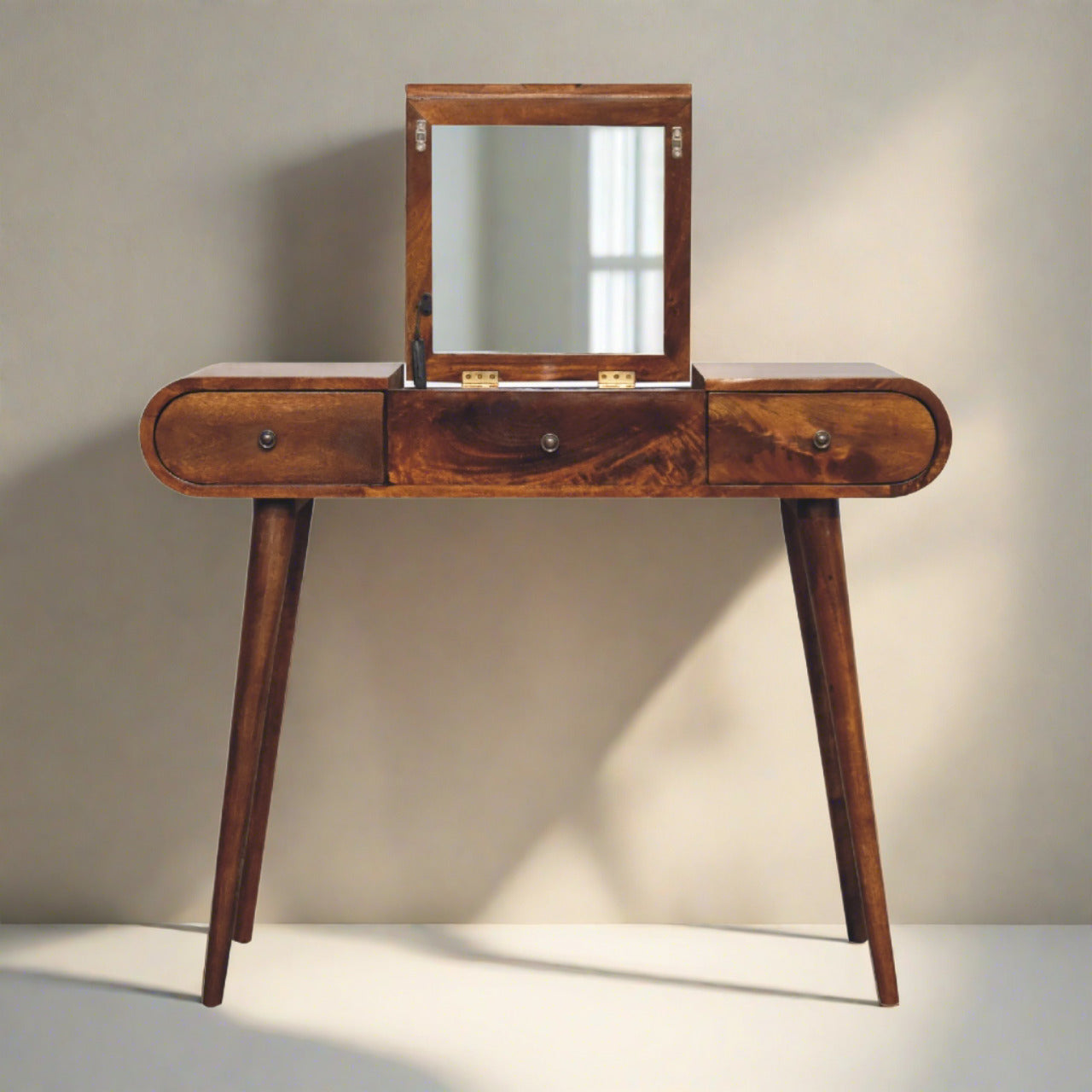 Newton handmade solid wood 3 drawer dressing table with foldable mirror in deep chestnut finish | malltandplane.com
