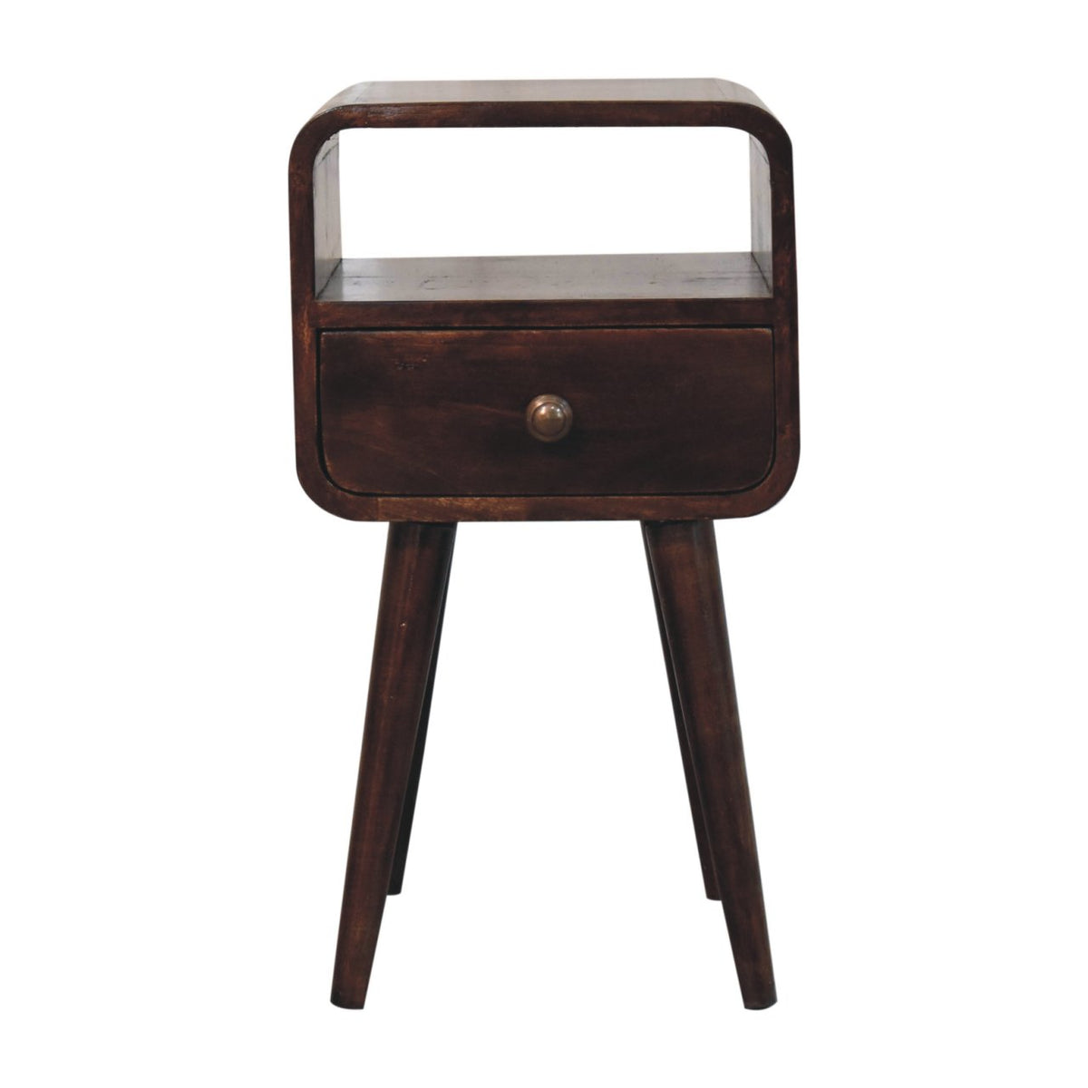 Mini California 30cm Walnut Curved Bedside Table – 1 Drawer & Open Shelf