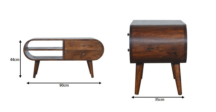 Newton handmade 2 Drawer Curved Wooden TV Stand in Deep Chestnut | malletandplane.com