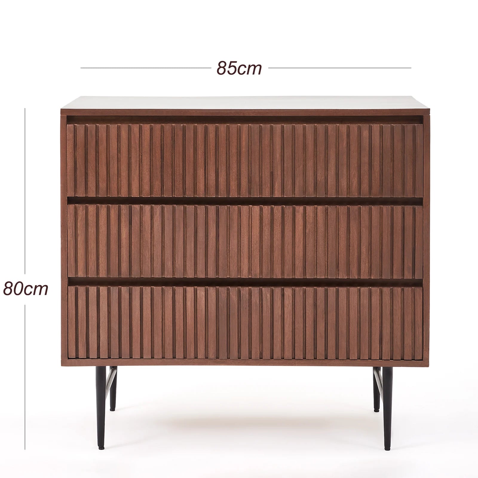 Maxim industrial dark walnut chest of drawers with 3 drawers and metal detailing | malletandplane.com