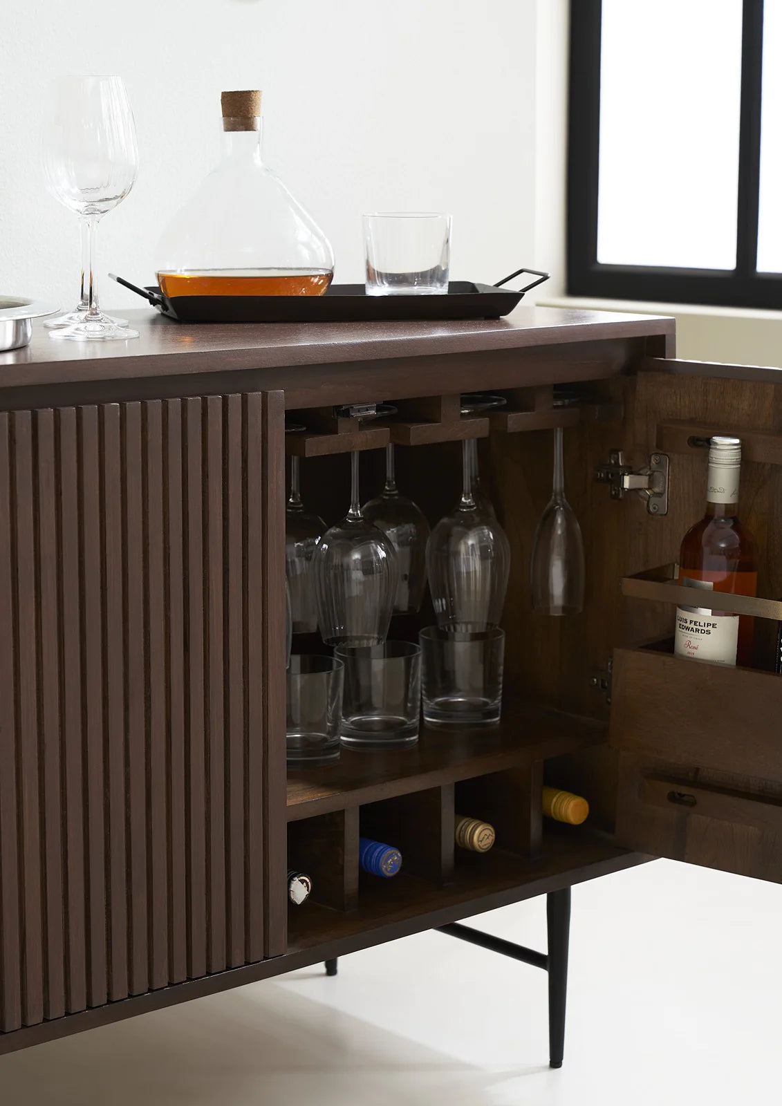 Maxim industrial dark walnut drinks cabinet with built in storage | malletandplane.com