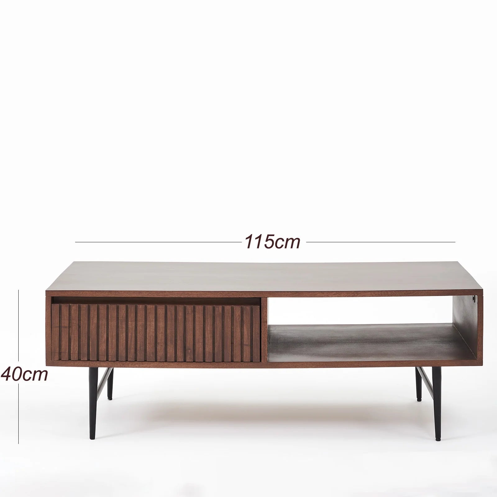 Maxim industrial dark walnut storage coffee table with pull through drawer | malletandplane.com
