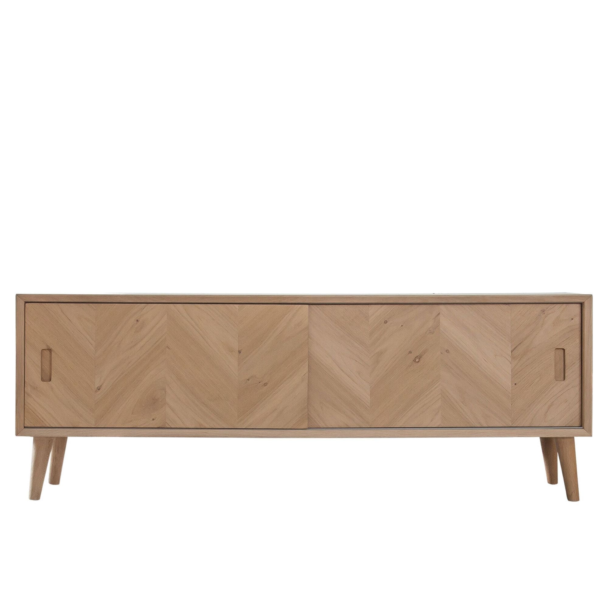 Jakob Oak TV Stand with Inlaid Chevron Design, 2 sliding doors, interior shelves and cable management access | MalletandPlane.com