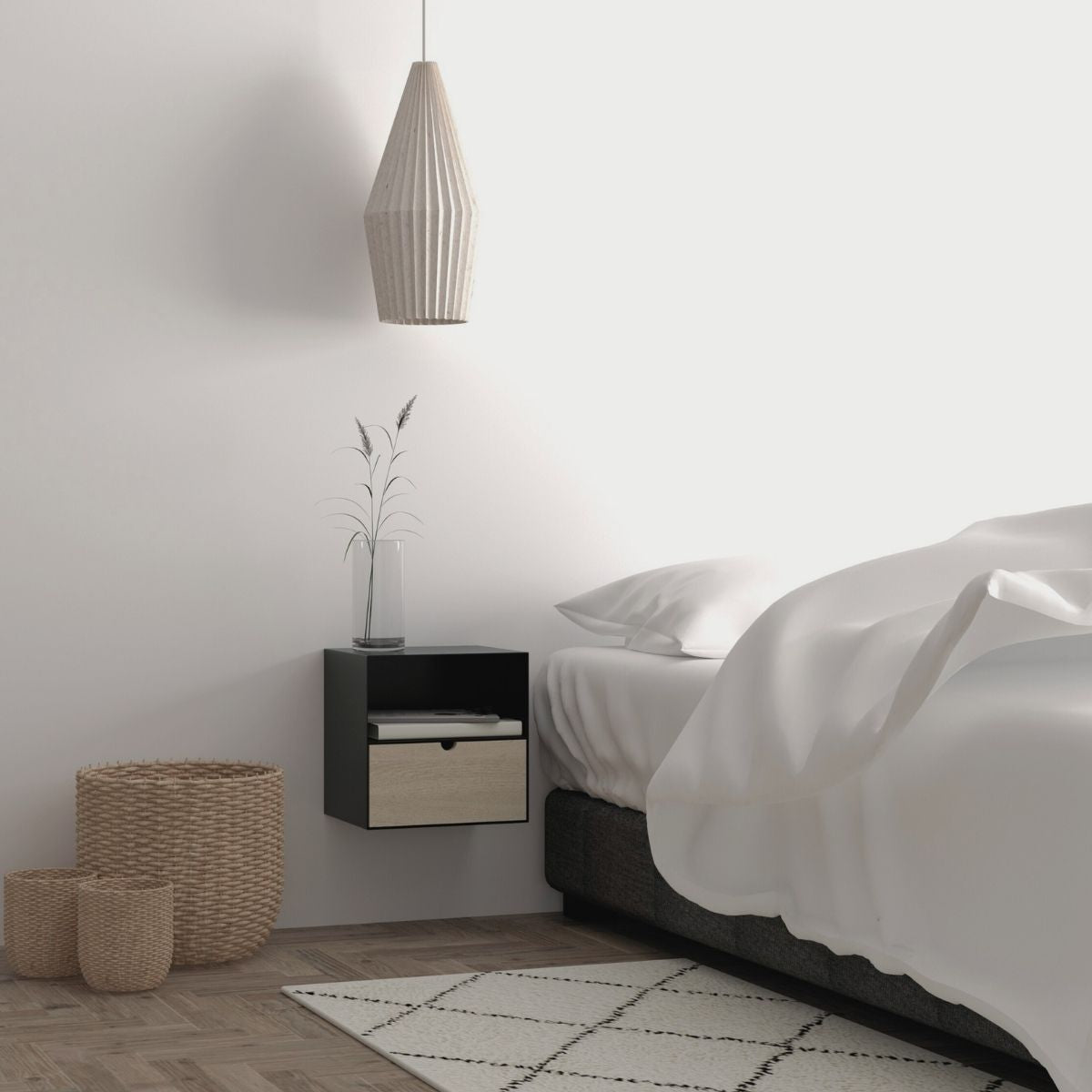 JOREN Wall Mounted Bedside Table – Black Metal & Bamboo | malletandplane.com