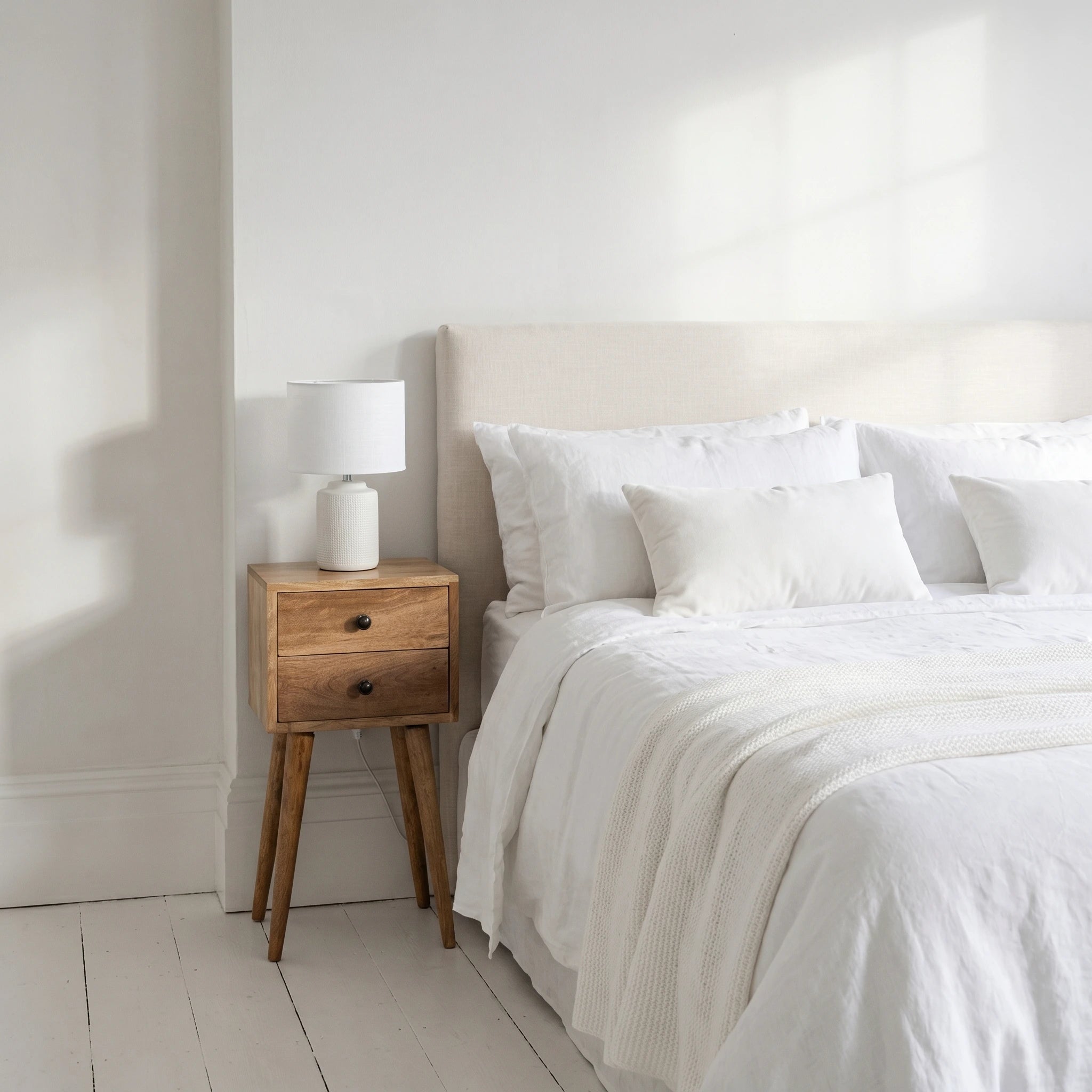 Joel handmade solid wood narrow bedside table with 2 drawers in natural finish