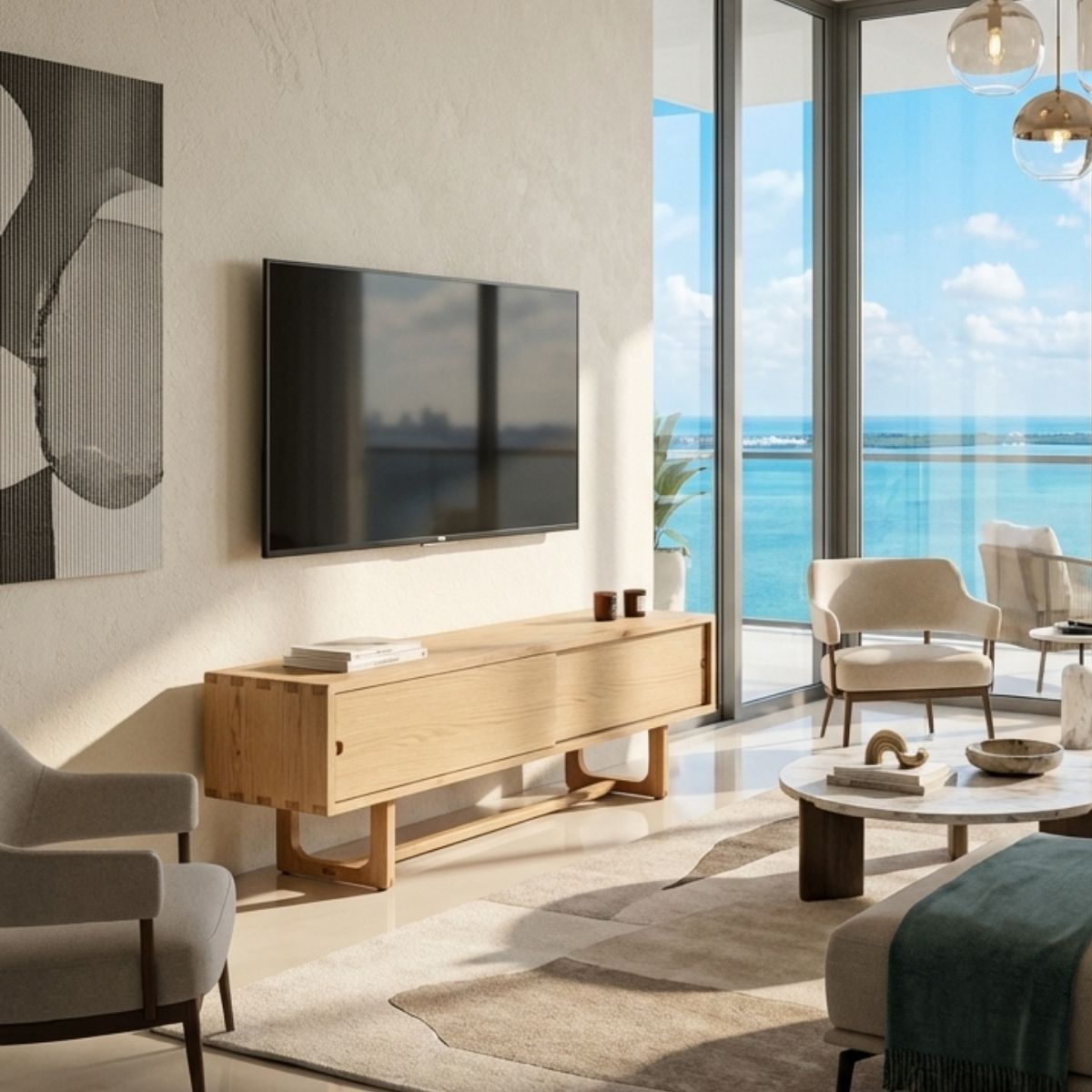 Kantu oak media unit with sliding doors and shaped underframe in natural finish