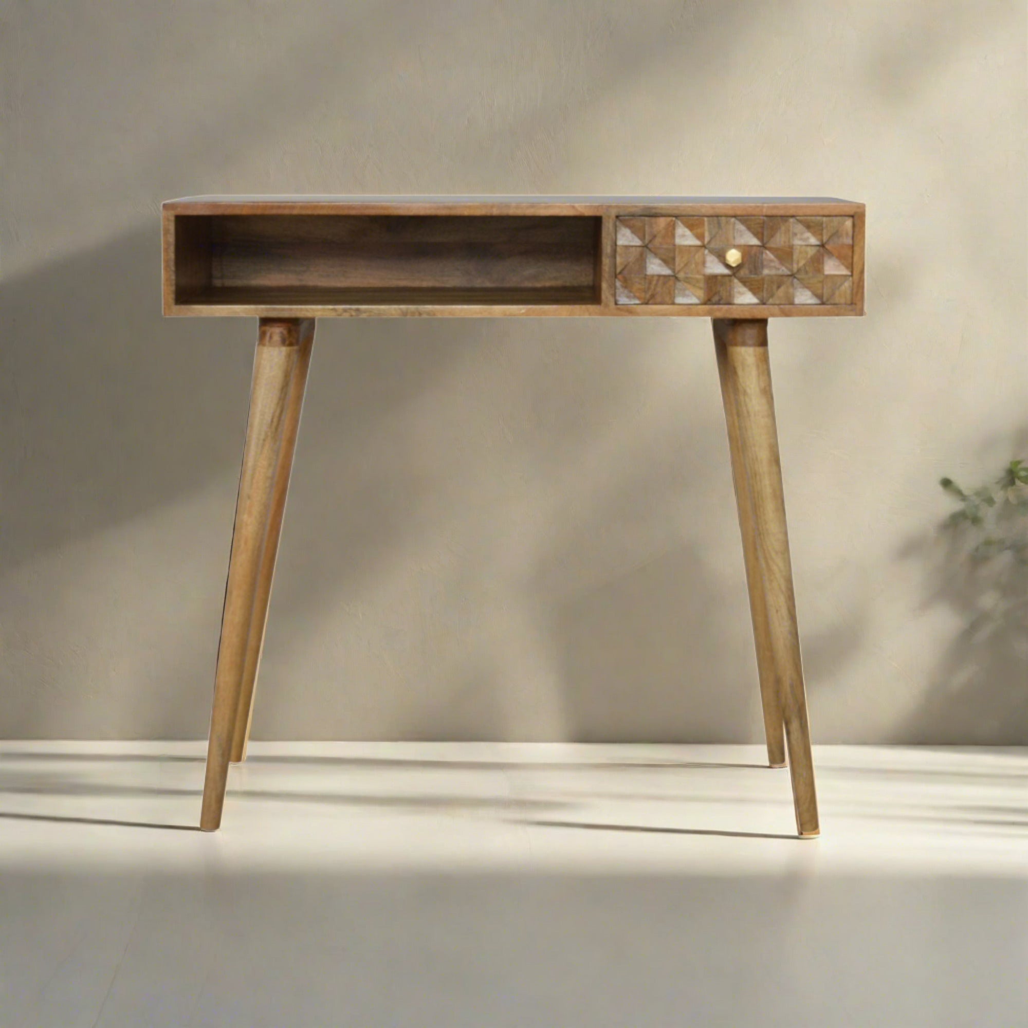 KENYON Handmade Solid Wood Study Desk with Carved Drawer Frontal | malletandplane.com