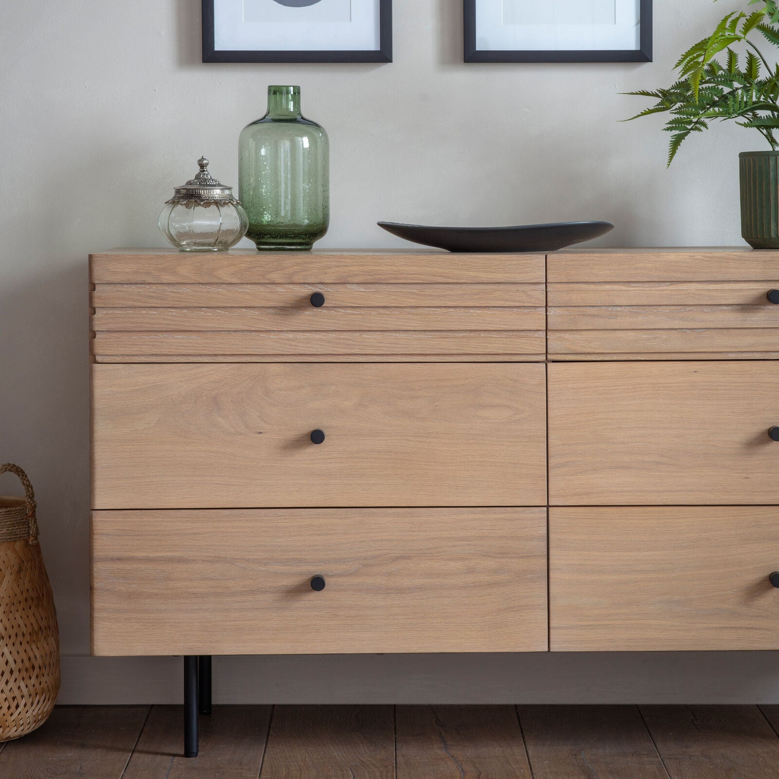 KORI natural oak chest of 6 Drawers with black metal legs and handles | malletandplane.com