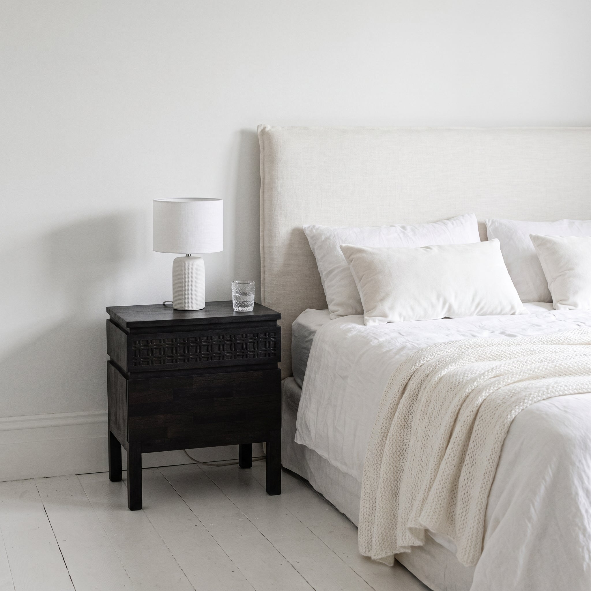 Laylah Black 2 Drawer Bedside Table - detail and lifestyle 