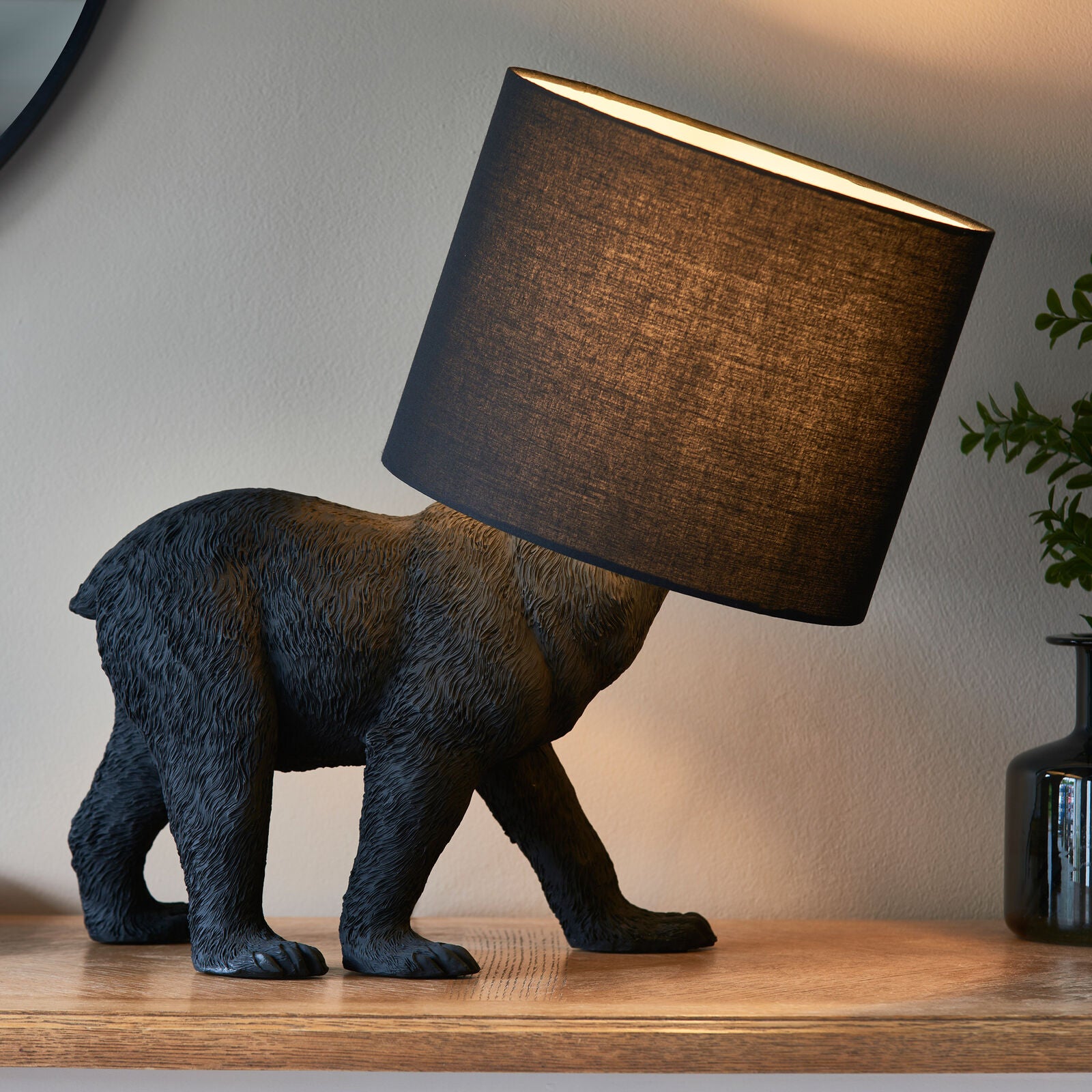 Mitch black resin bear lamp with shade | malletandplane.com