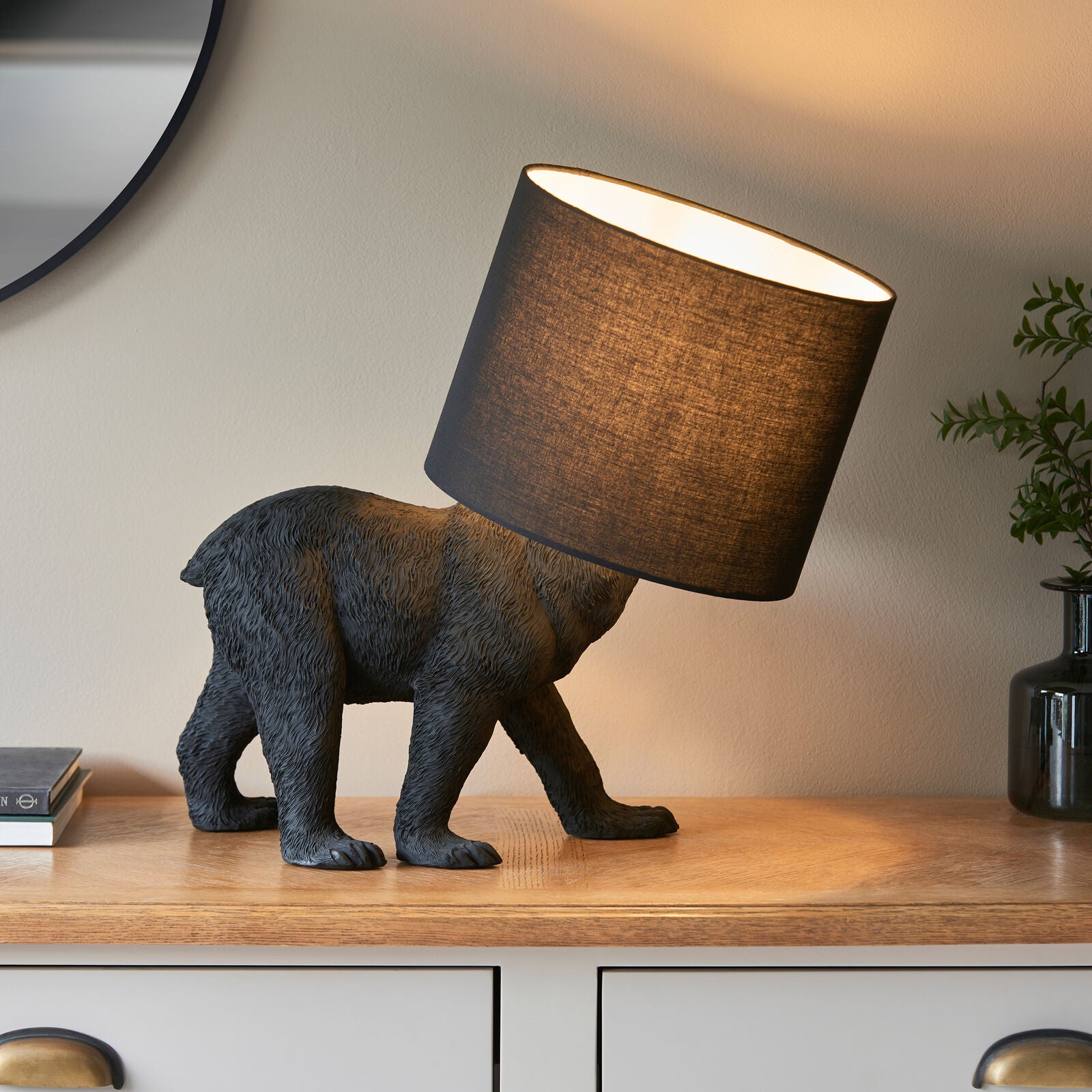 Mitch black resin bear lamp with shade | malletandplane.com