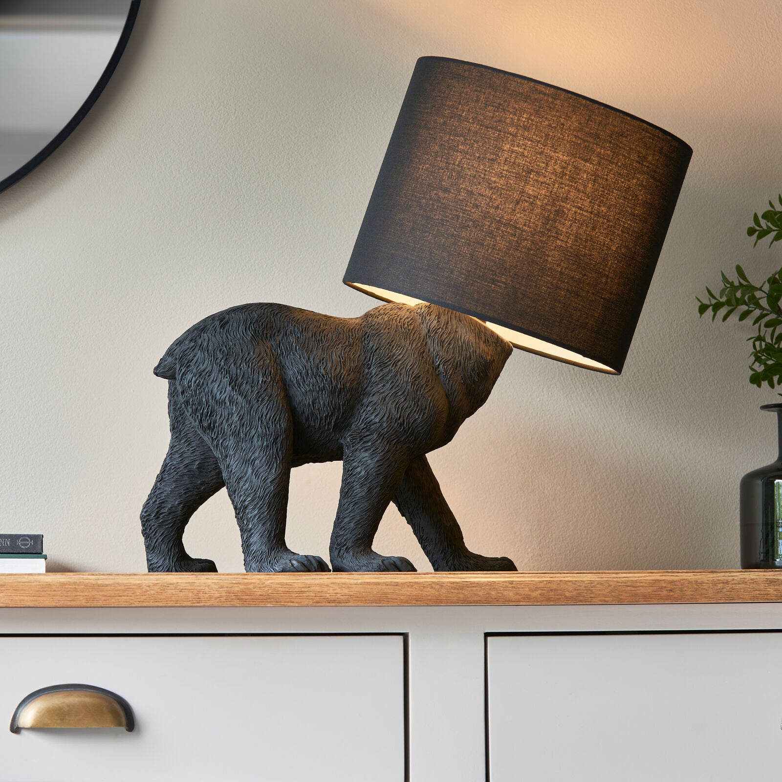 Mitch black resin bear lamp with shade | malletandplane.com