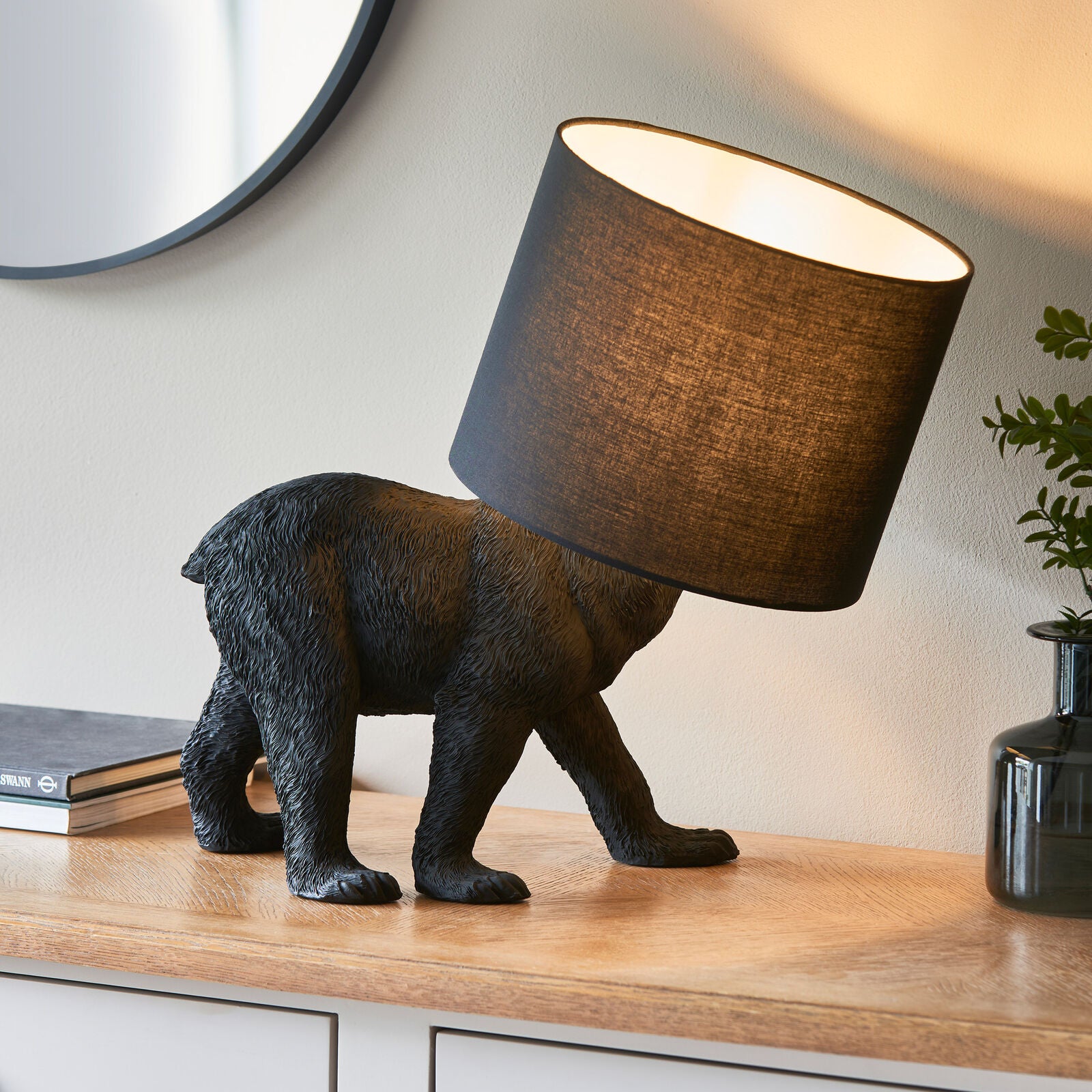 Mitch black resin bear lamp with shade | malletandplane.com