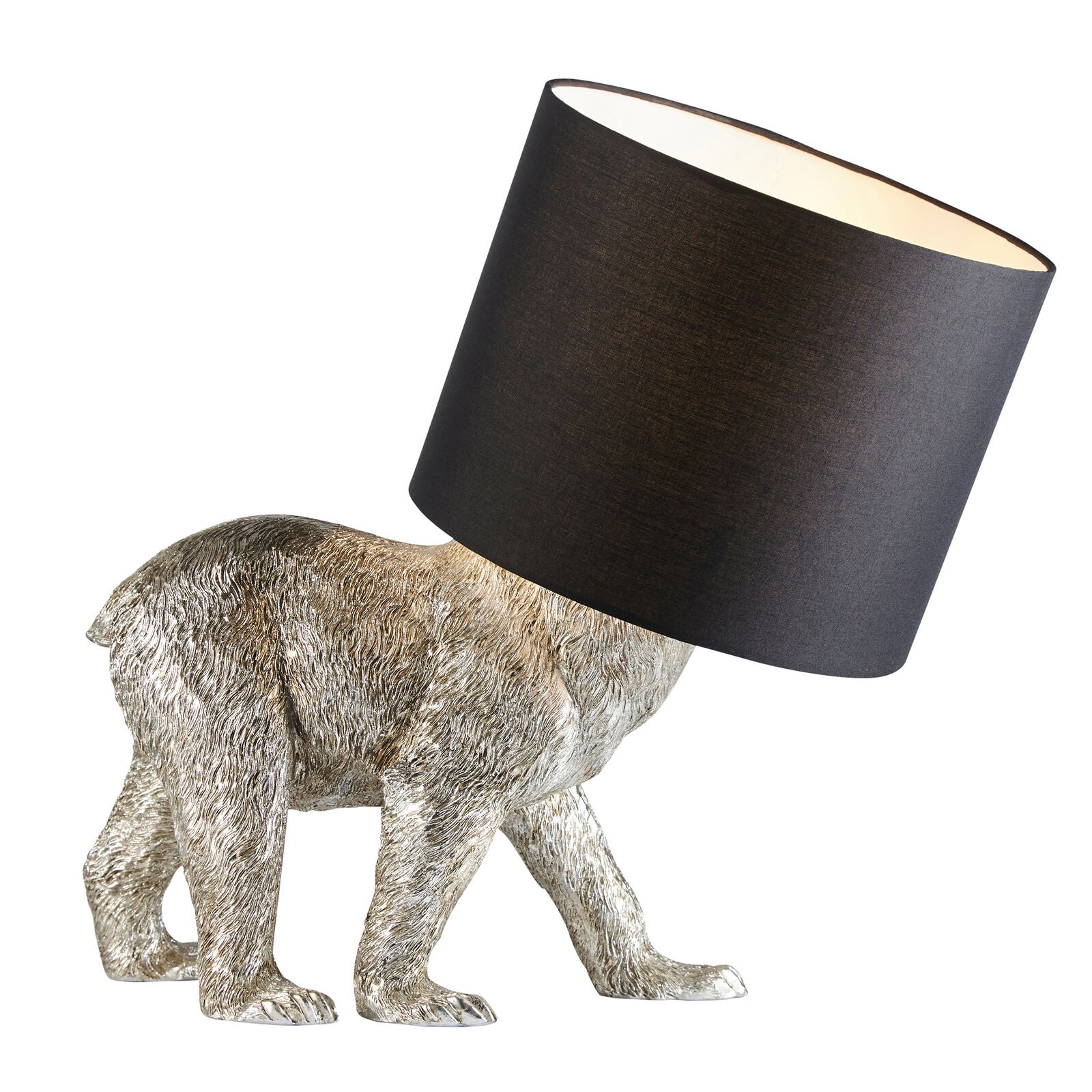 Mitch bear table lamp in vintage silver finish with black fabric shade | malletandplane.com