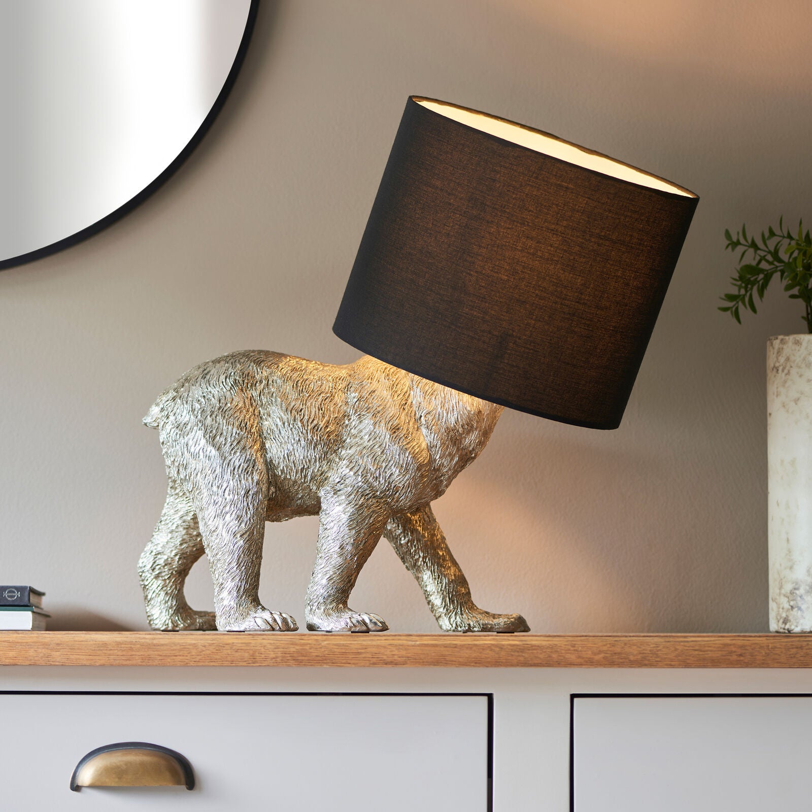 Mitch bear table lamp in vintage silver finish with black fabric shade | malletandplane.com