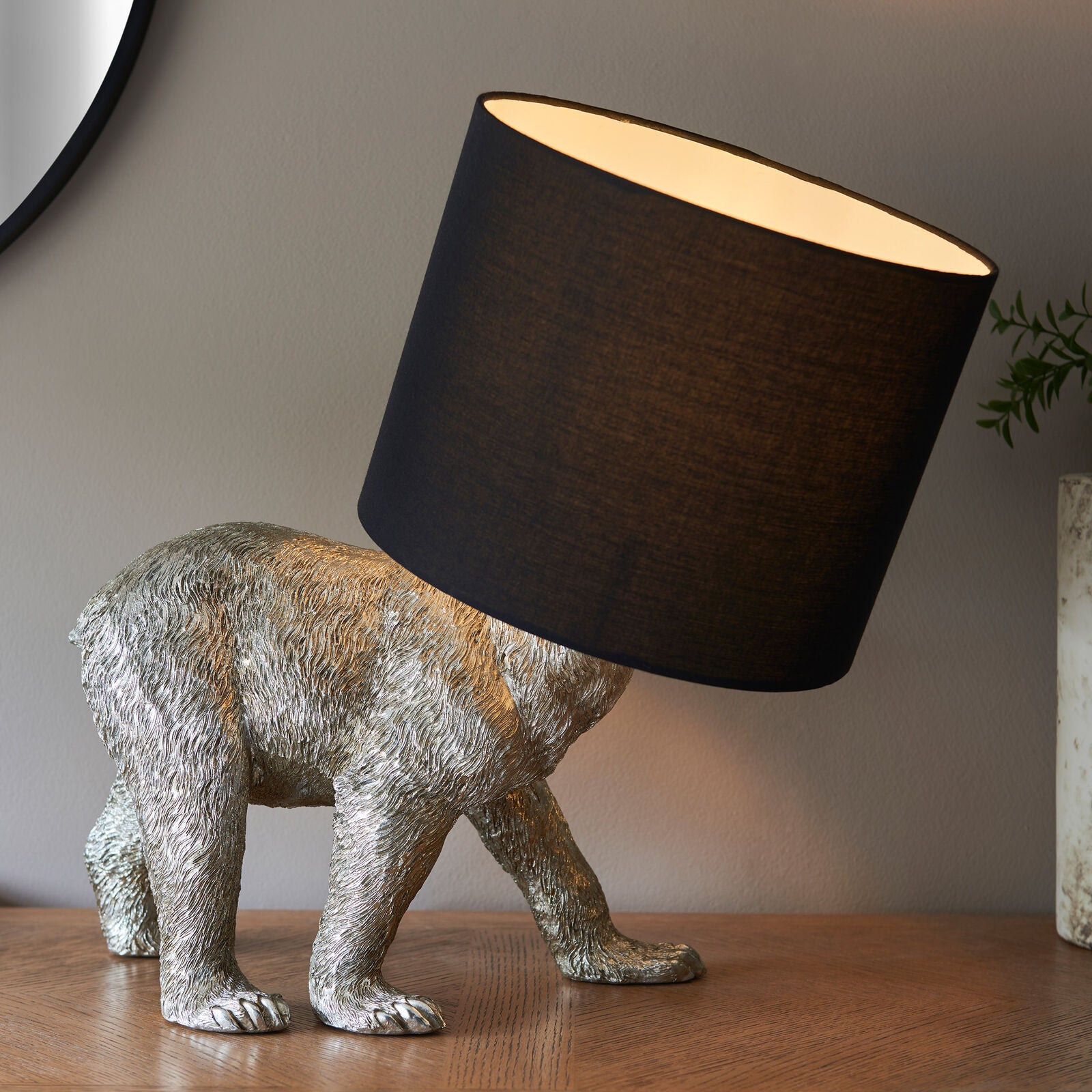 Mitch bear table lamp in vintage silver finish with black fabric shade | malletandplane.com