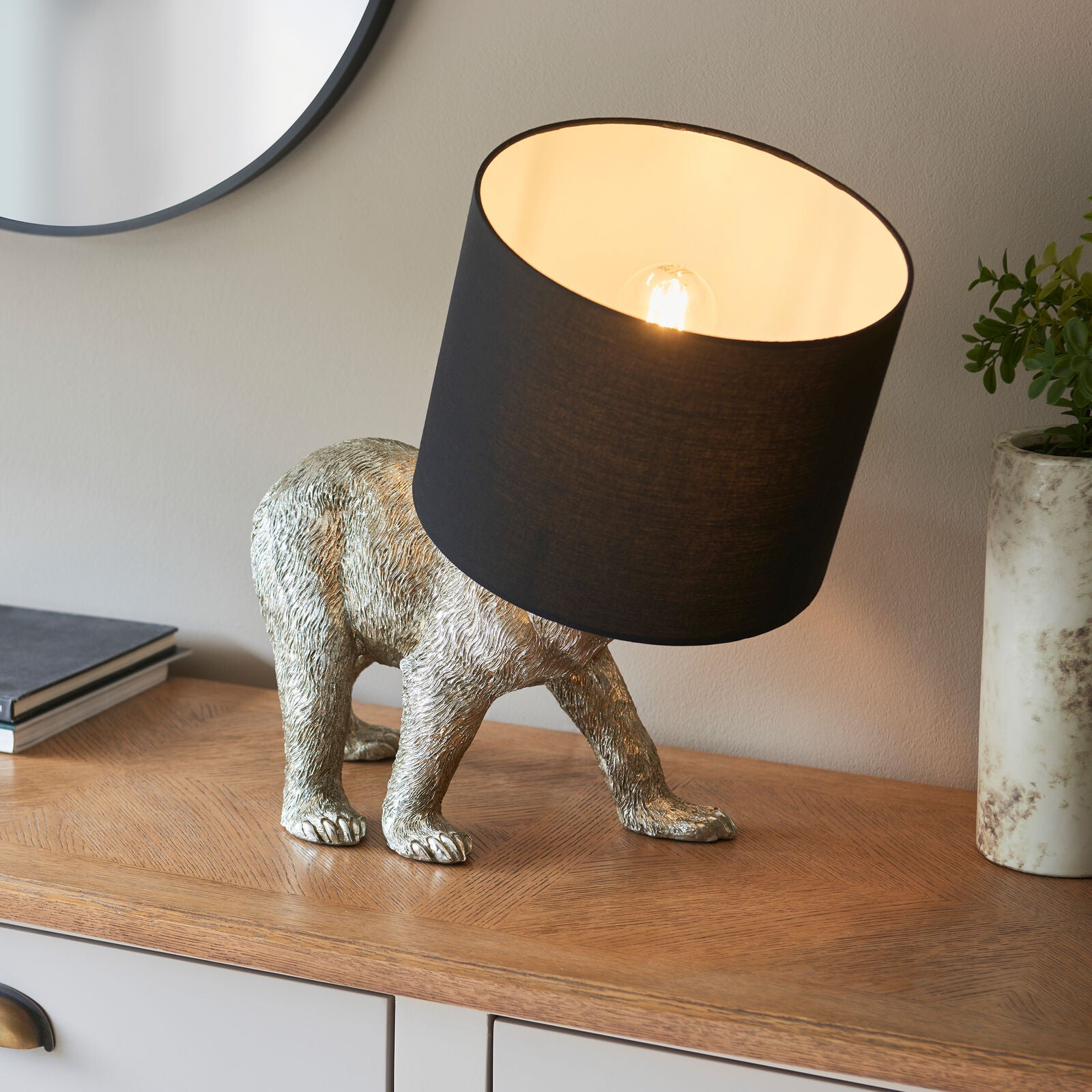 Mitch bear table lamp in vintage silver finish with black fabric shade | malletandplane.com