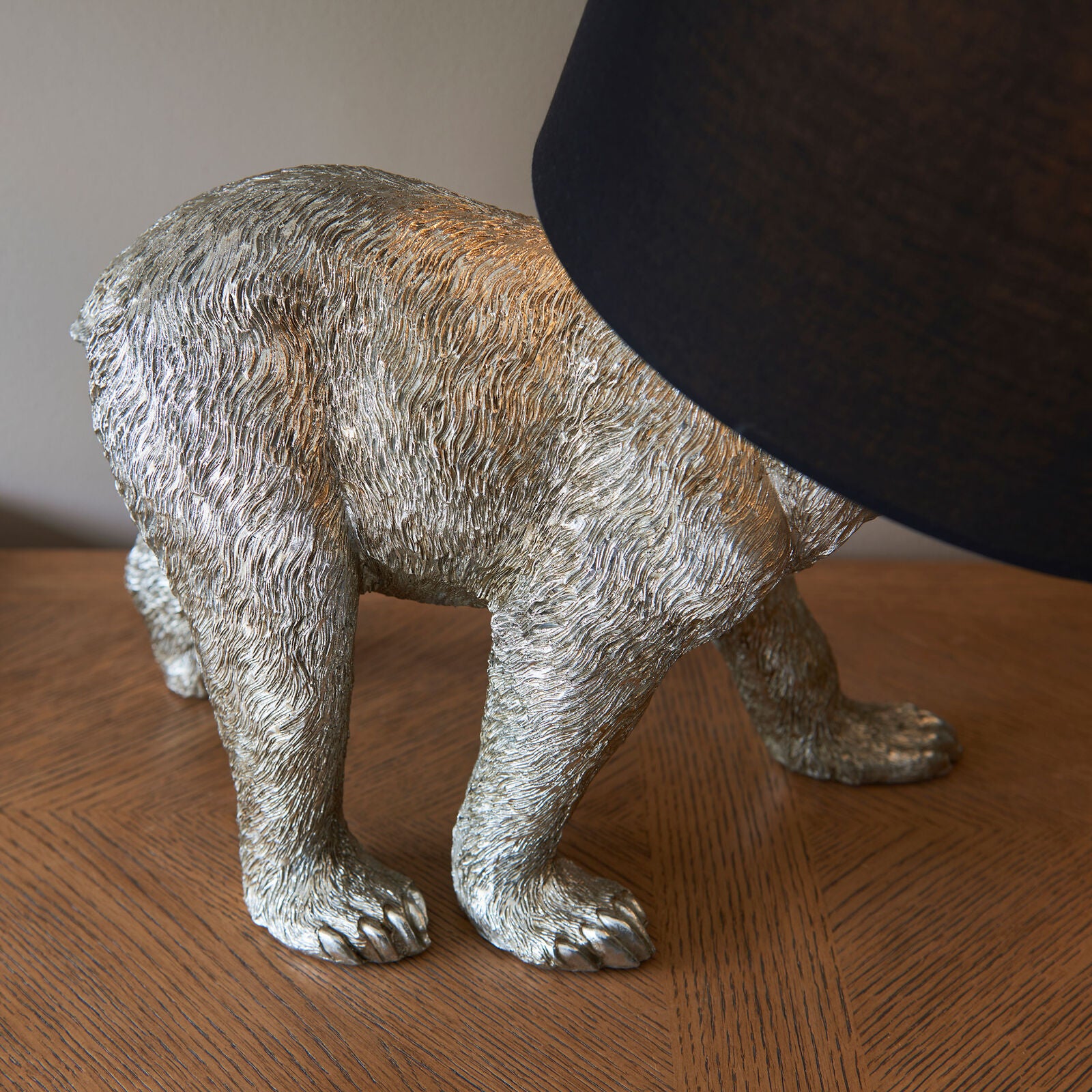 Mitch bear table lamp in vintage silver finish with black fabric shade | malletandplane.com