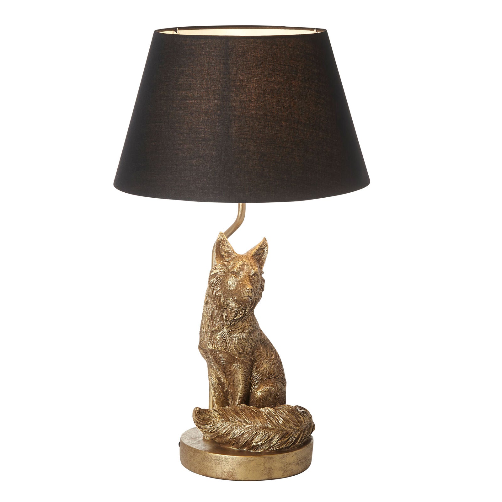 Basil Fox table lamp in vintage gold finish with black fabric shade | malletandplane.com