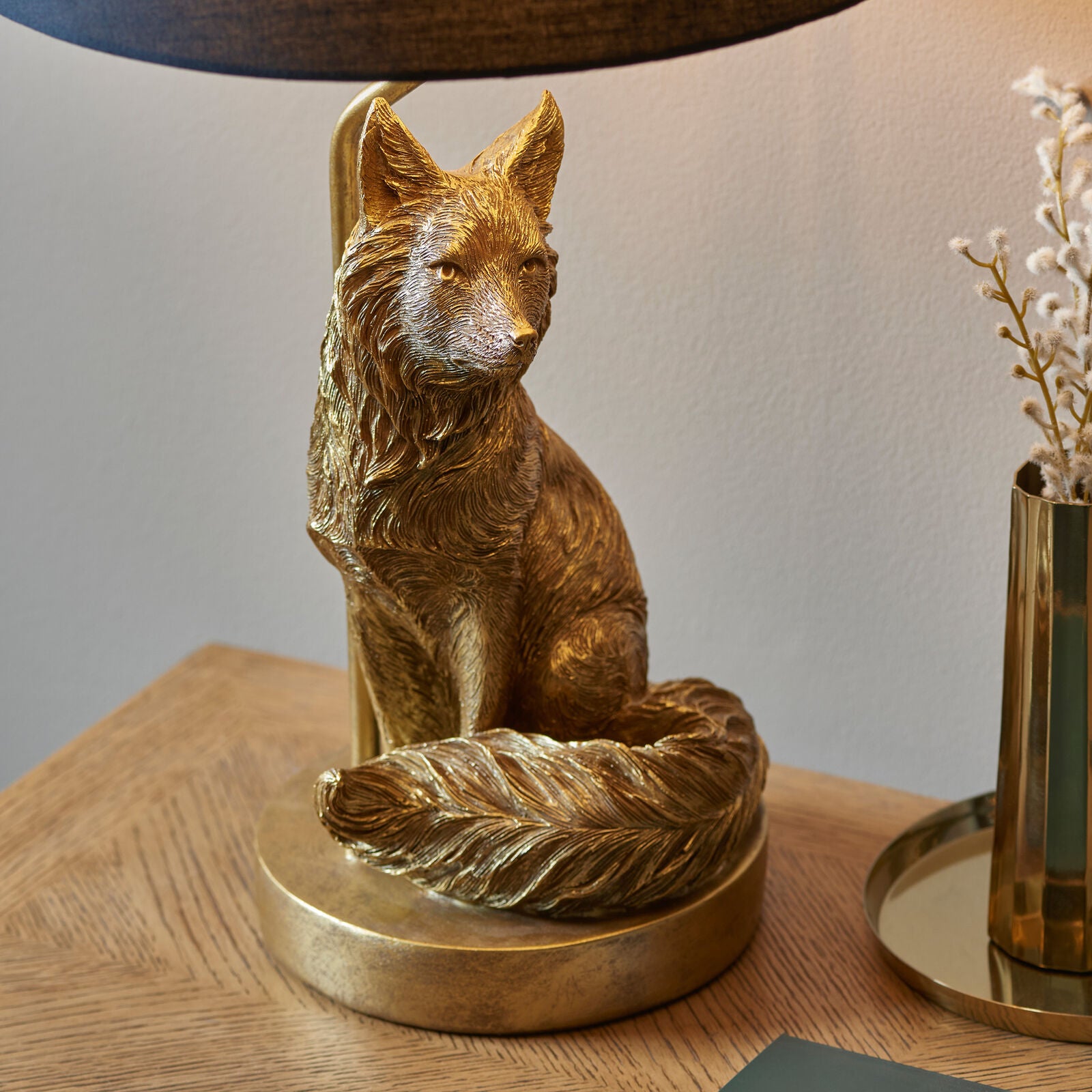 Basil Fox table lamp in vintage gold finish with black fabric shade | malletandplane.com