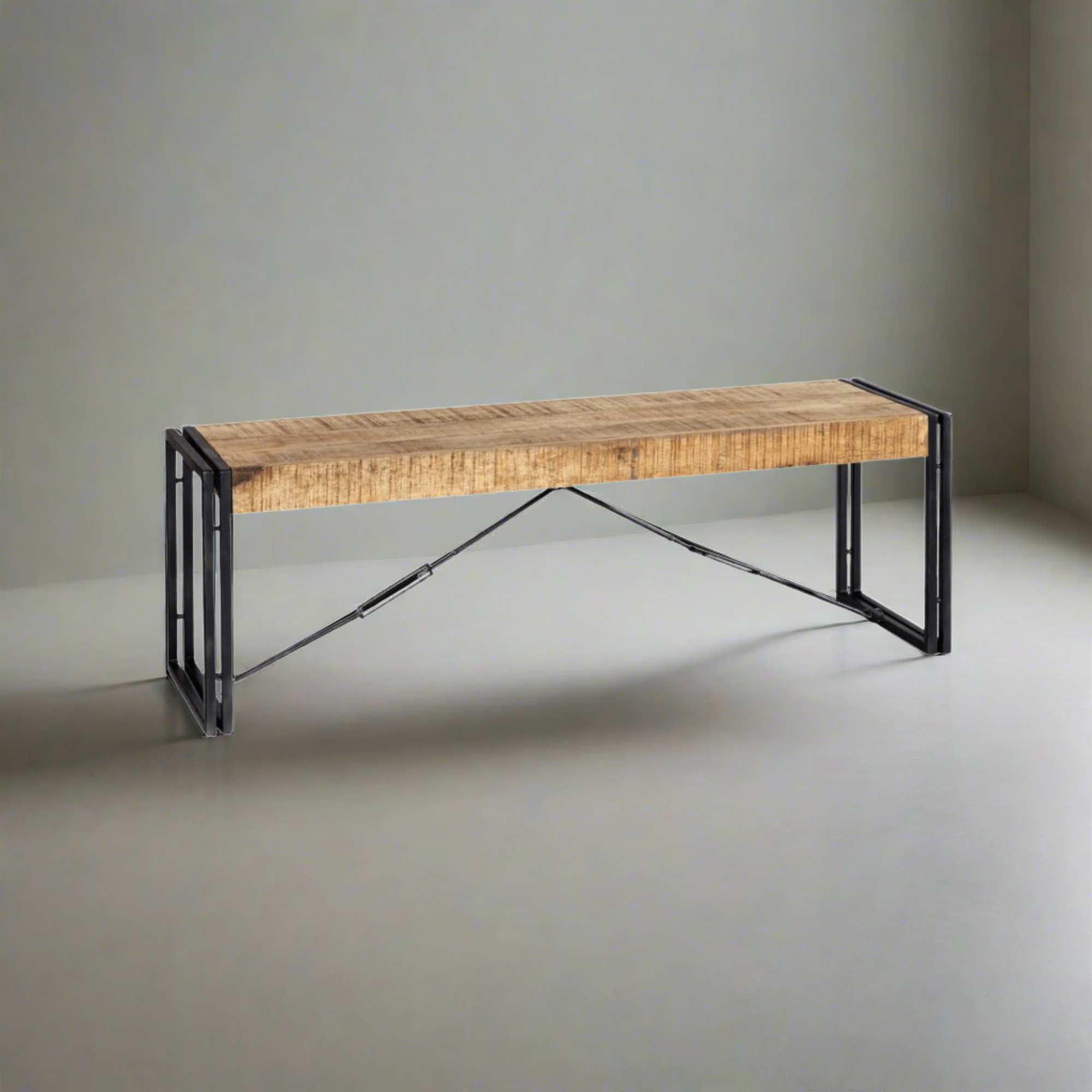 Loft handmade industrial vintage solid mango dining bench with reclaimed metal legs | MalletandPlane.com
