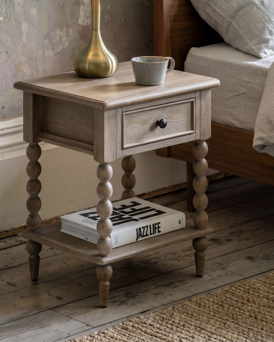 MABEL Natural 1 Drawer Bedside Table - detail and lifestyle 