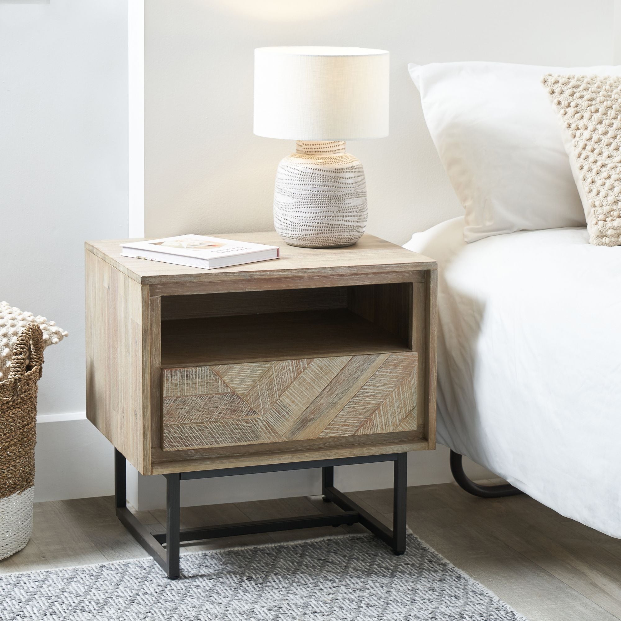 MARCA sand wash acacia wood 1 drawer bedside table with open niche | malletandplane.com