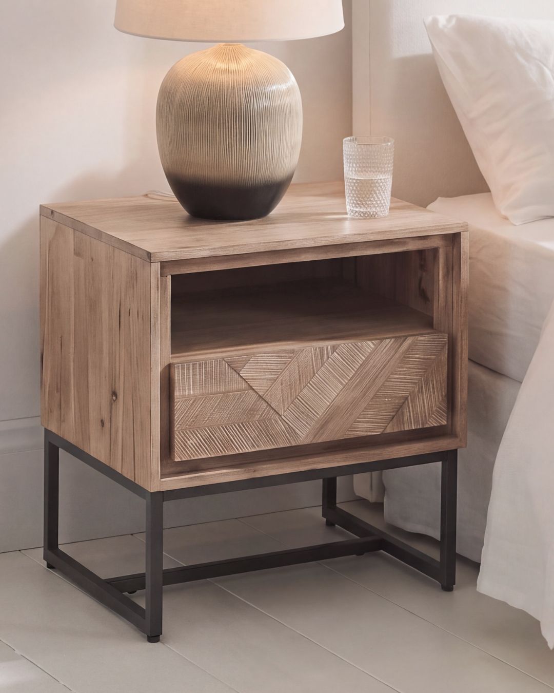 MARCA sand wash acacia wood 1 drawer bedside table with open niche