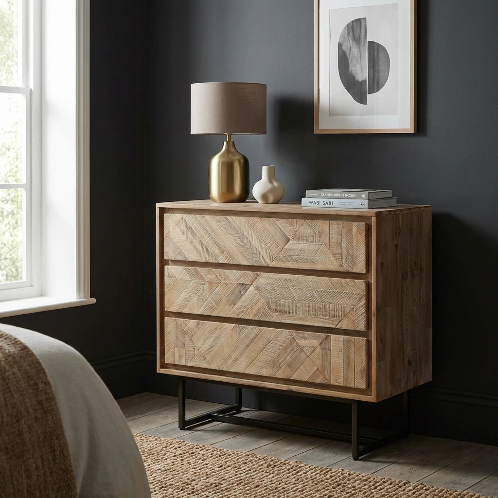 MARCA Sand Washed Acacia Wood Coffee Table Scandinavian style sand washed acacia wood chest of drawers