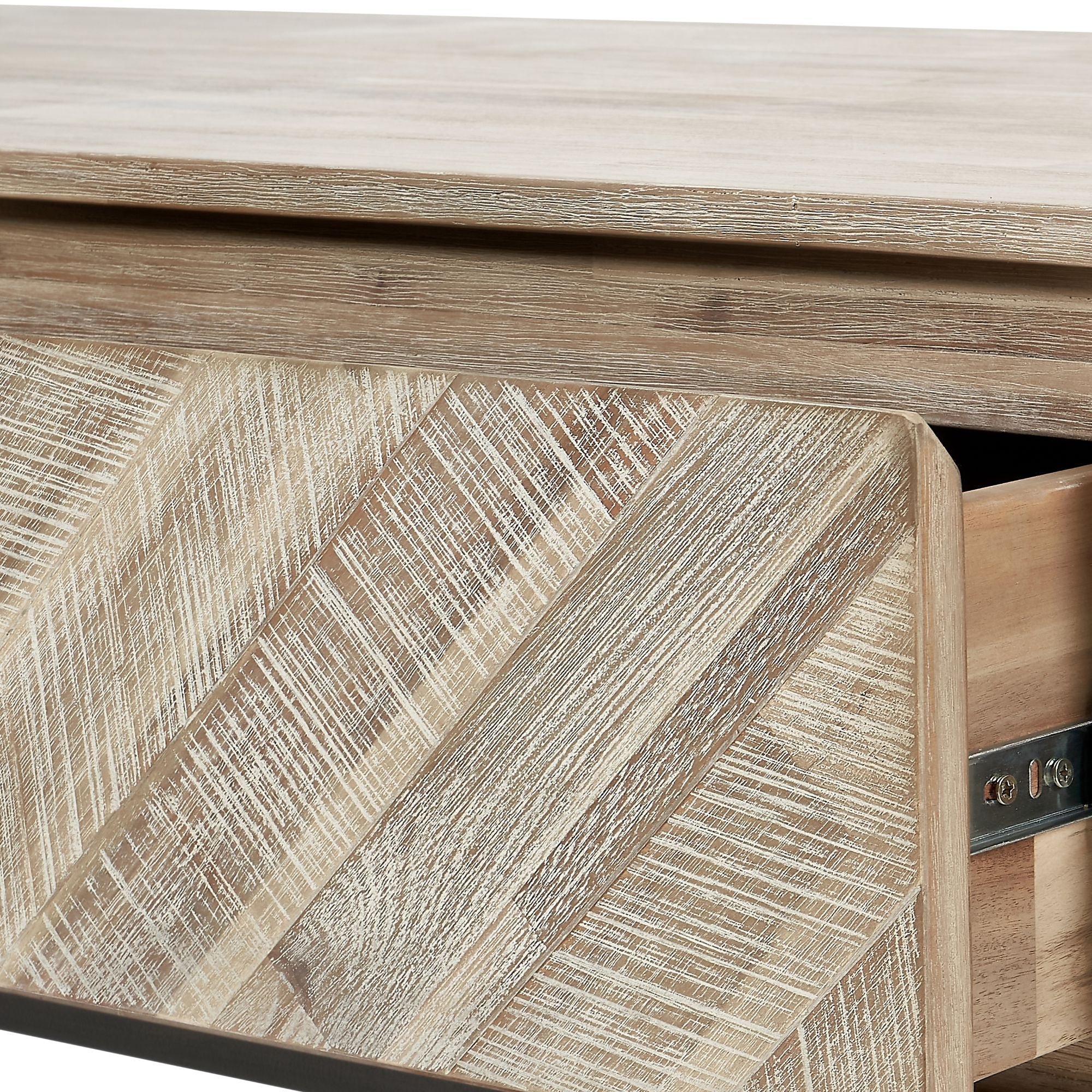 MARCA  sand washed acacia wood coffee table with 2 drawers and open slot | malletandplane.com