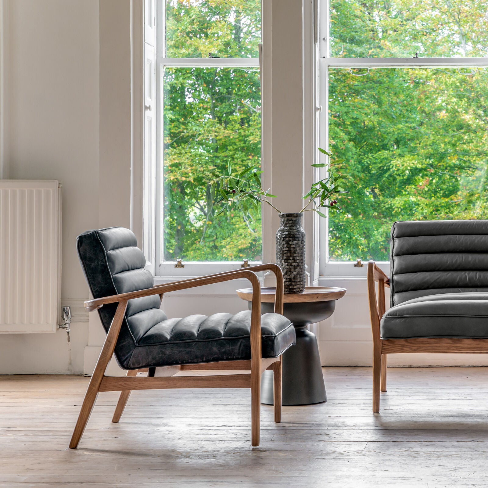 Marcus Armchair in top grain ebony leather with a solid oak frame | MalletandPlane.com