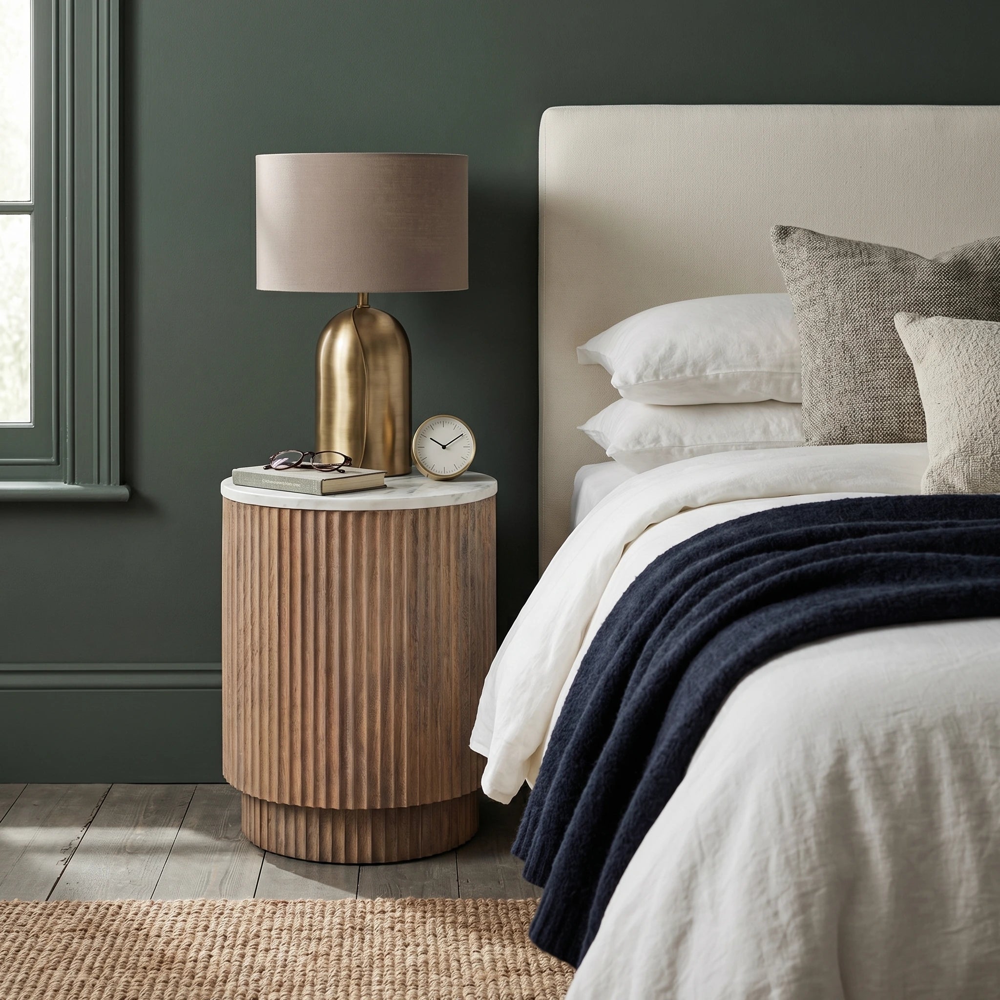 Milo - Round Bedside Table with Marble Top – Wood Drum 40cm