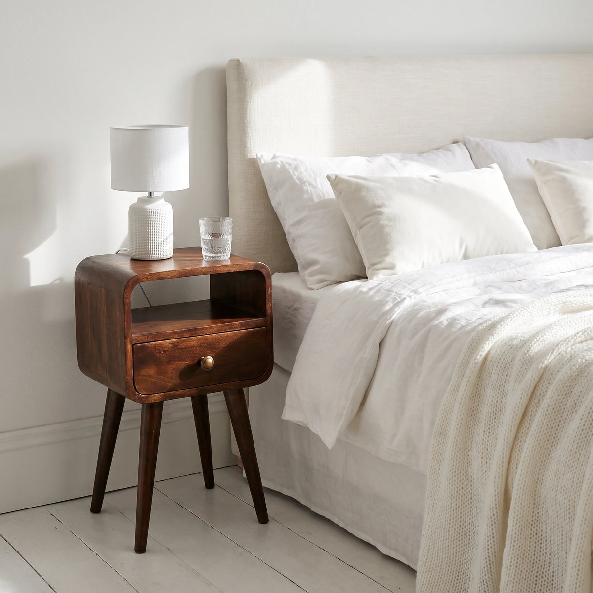 Mini California 30cm Walnut Curved Bedside Table – 1 Drawer & Open Shelf