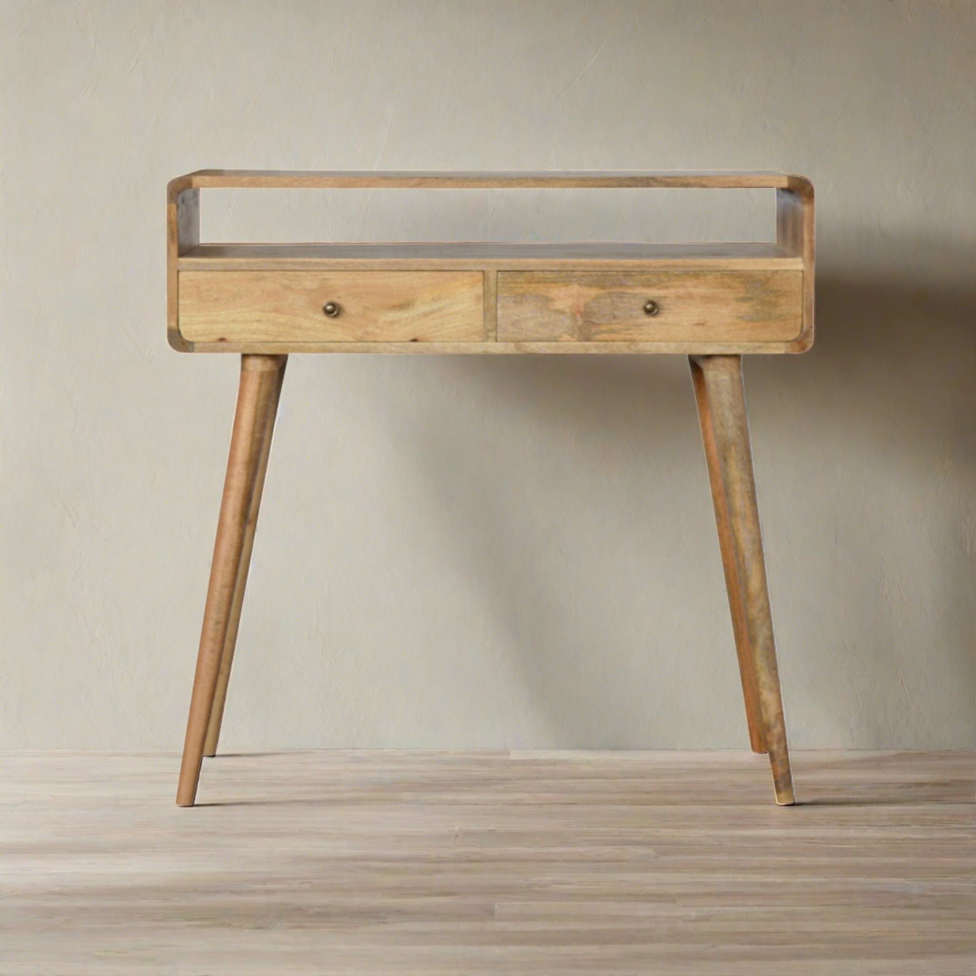 Modal handmade solid wood console table with drawers and open storage shelf in oak-ish finish | malletandplane.com