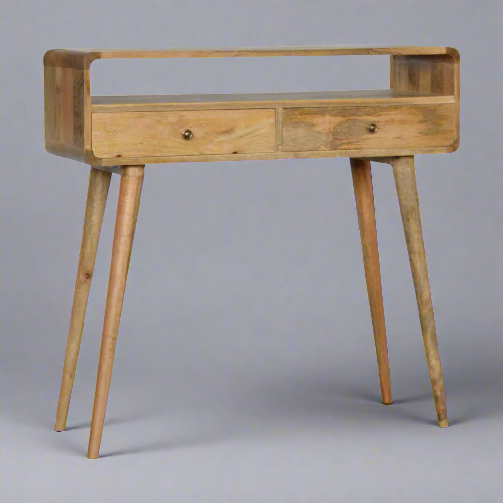 Modal handmade solid wood console table with drawers and open storage shelf in oak-ish finish | malletandplane.com