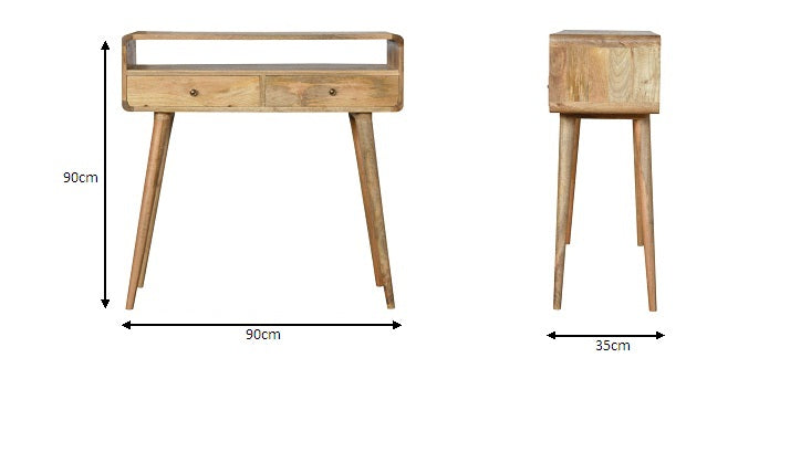 Modal handmade solid wood console table with drawers and open storage shelf in oak-ish finish | malletandplane.com