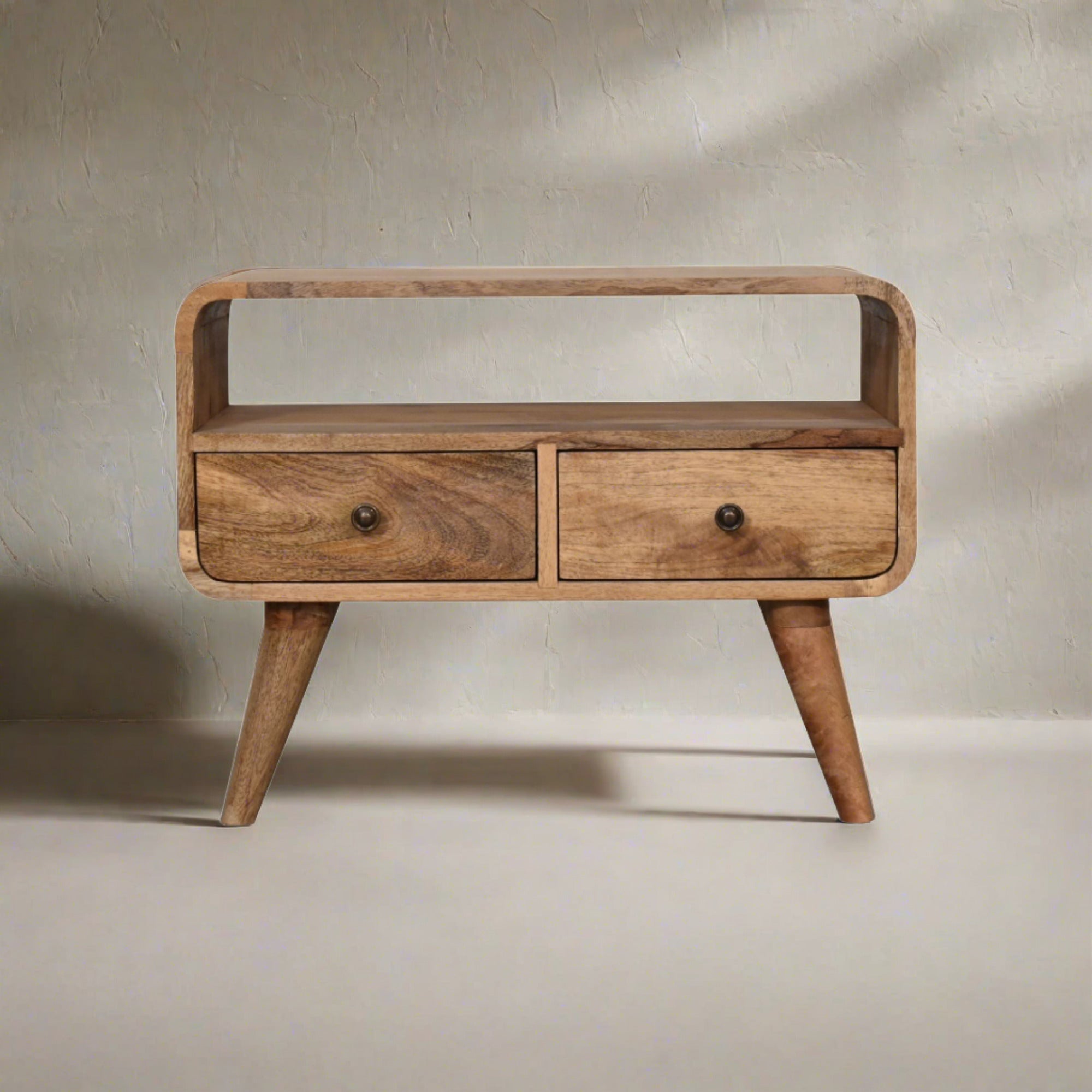 Modal handmade 2 drawer small wooden tv stand in natural oak-ish finish | malletandplane.com